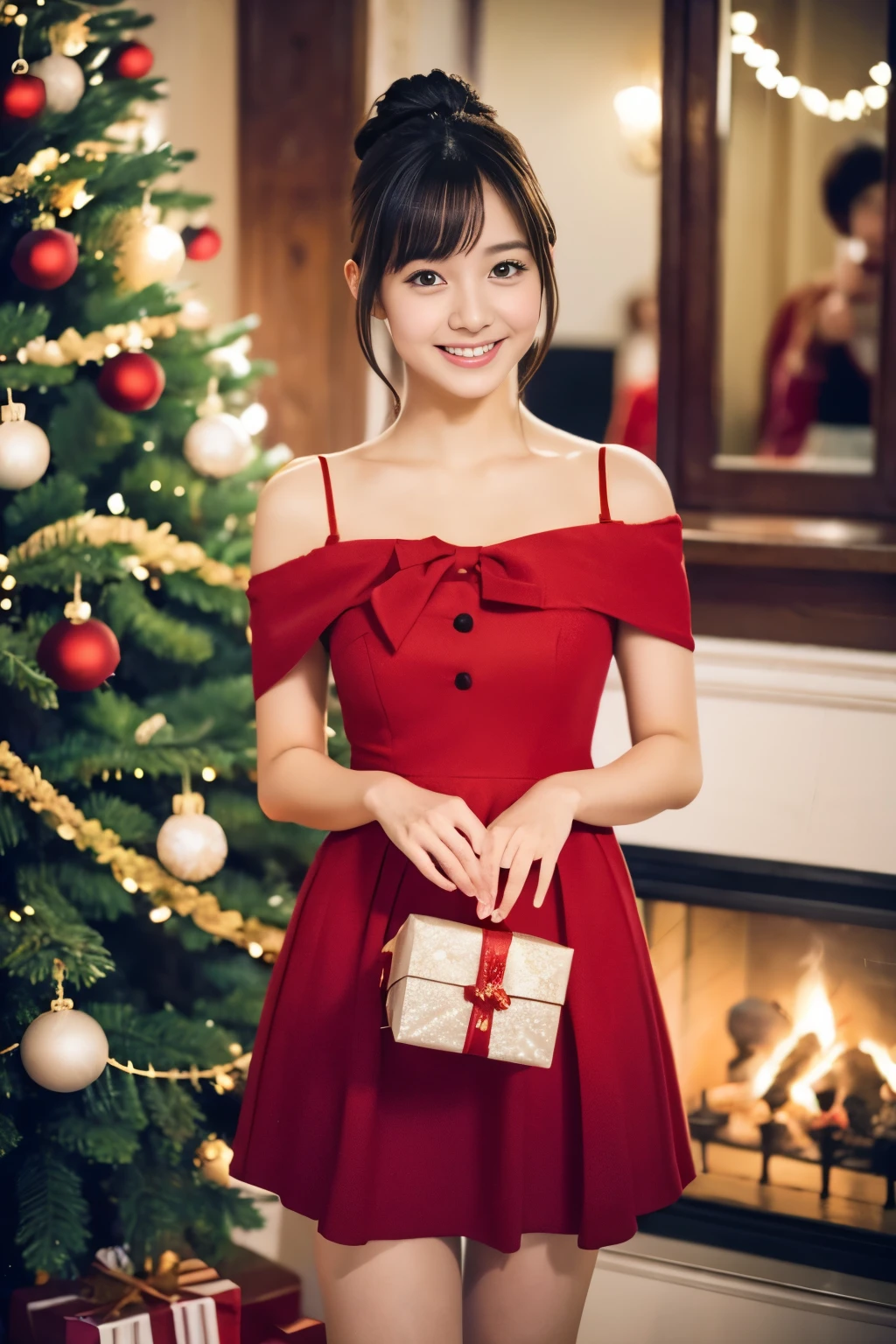 (girl in a beautiful red dress, holding a gift box decorated with ribbons、Standing in front of a beautifully decorated Christmas tree),Illustration,Christmas,Fun atmosphere,Twinkling lights,soft snowflakes fall,Best Quality,4K,Ultra-detailed,Vibrant colors,pine scent,Cozy,romantic,Cheerful,breathtaking scenery,Warmth,Happiness,Magical,Holiday spirit,Winter wonderland,pure love and kindness.、off shoulders、I have my short hair up、thighs thighs thighs thighs