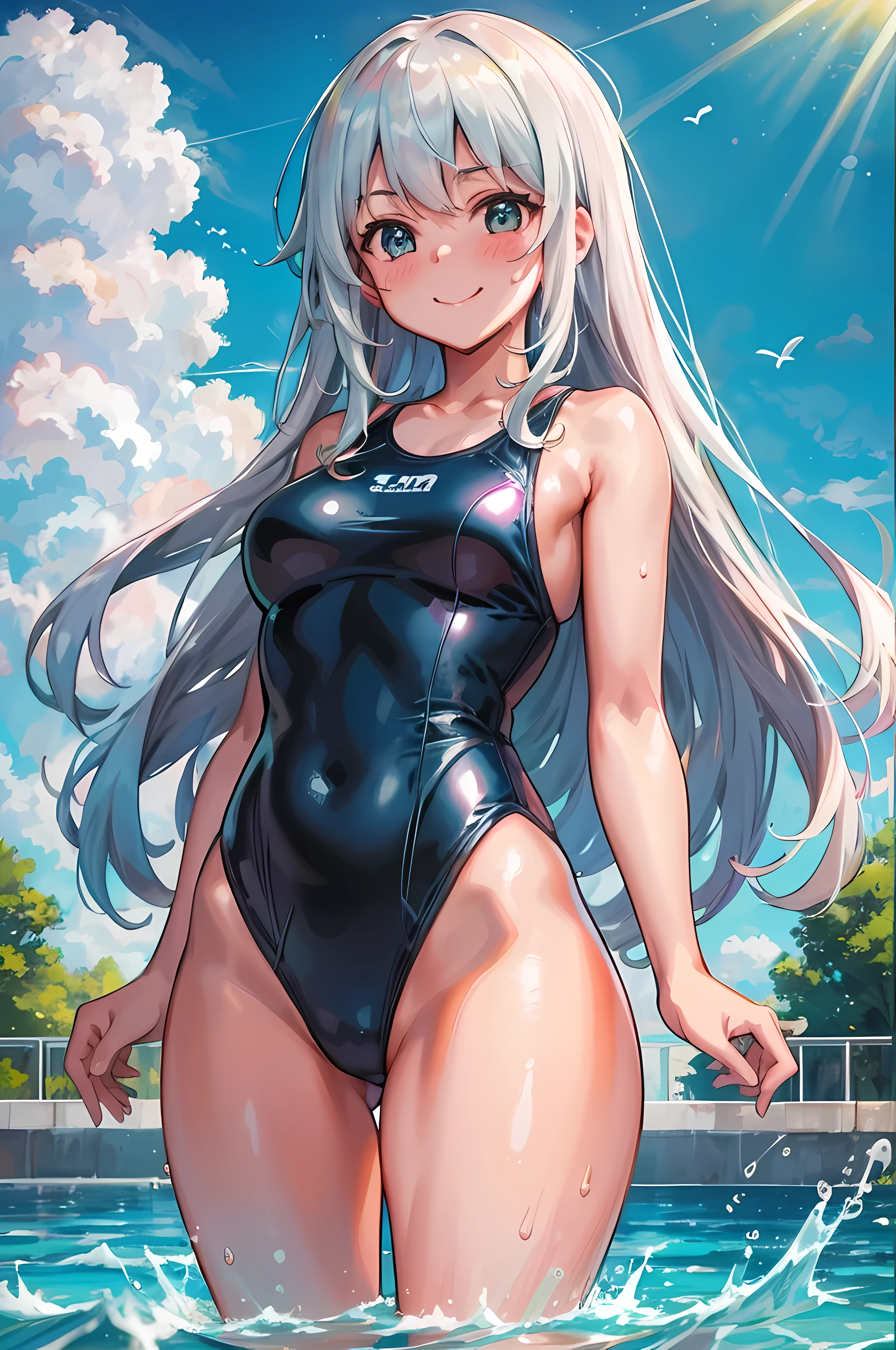 master-piece,hyper quality, hyper detailed,perfect drawing,solo, beautiful girl in swimsuit,, B99W66H110, height 140cm, plump, blush, sweat, tanned skin, cheeky smile, swimming club, competitive swimsuit (one-piece type swimsuit, sober swimsuit) , open legs (30cm), holding the crotch with both hands, Water gushing from crotch, embarrassed expression, blush, moist eyes, blue sky, cumulonimbus clouds, brilliant sun, sparkling water, school swimsuit, competitive swimming pool, shot from diagonally below, thin fabric swimsuit, light from the front, forward light, sunlight, summer sky, clearface, master-piece, hyper quality, hyper detailed, perfect drawing, CG, 3D, 8k,illustration,beautiful face girl,hiten_1,