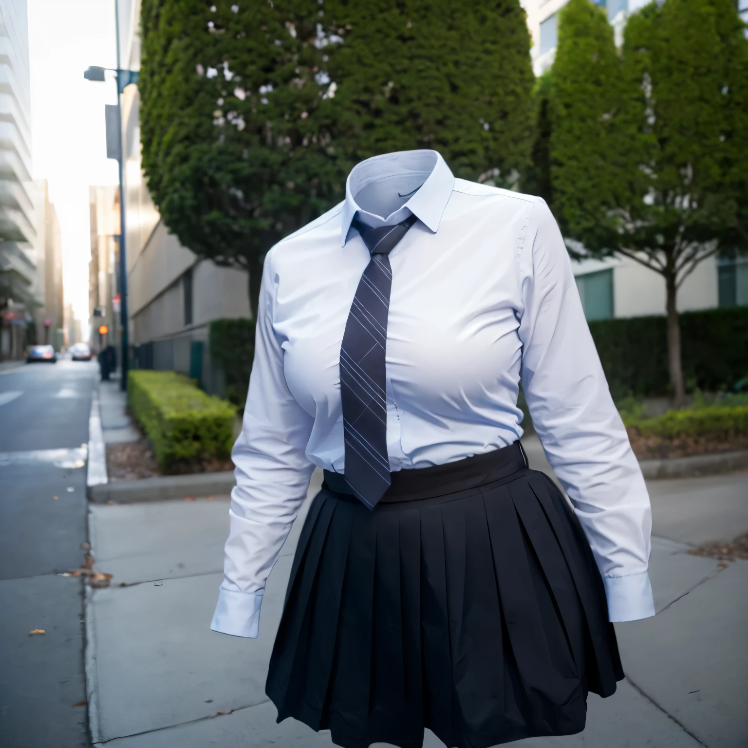 chubby, fat, school stripe tie, school tie, school uniform, plaid skirt, cute pose, lower body, (invisible, no humans, headless, faceless:1.5), (close-up to breasts), cute big breasts, (8k, RAW photo, best quality, masterpiece, high resolution, extremely detailed CG:1.2), (realistic, photo-realistic:1.37), photon mapping, radiosity, ((Hasselblad photography)), physically-based rendering