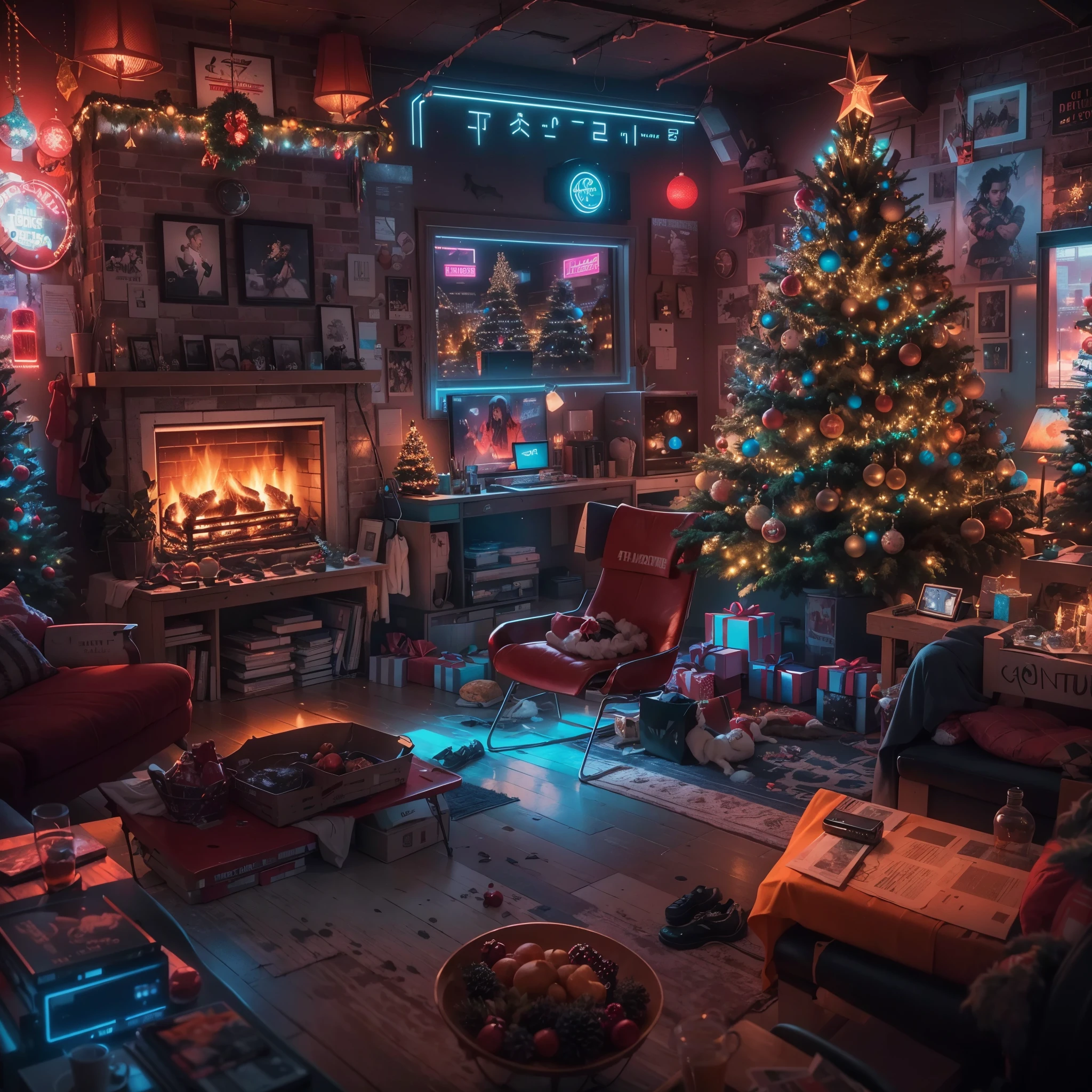 (best quality,4k,8k,highres,masterpiece:1.2),ultra-detailed,(realistic,photorealistic,photo-realistic:1.37),cyberpunk,Christmas-themed,living room,neon lights,punk elements,futuristic furniture,festive decorations,punk Christmas tree,ornaments,glowing,cybernetic implants,sleek,metallic surfaces,glass panels,reflective surfaces,punk-style fireplace,artificial snow,shimmering,punk fashion,cybernetic Santa Claus,high-tech gadgets,sparkling lights,tech-inspired Christmas stockings,vivid colors,enhanced reality projection,musical holograms