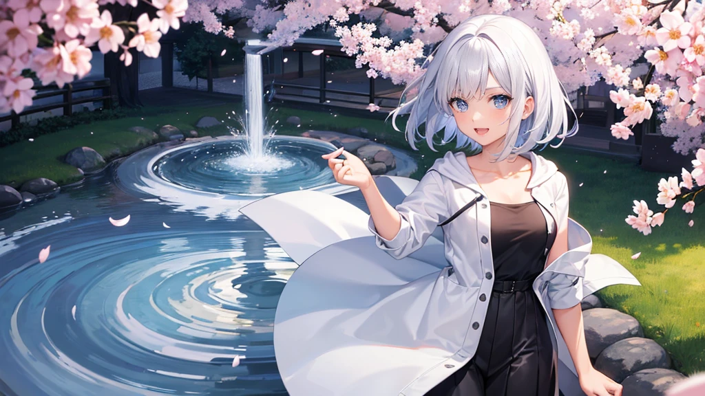 Ultra-high image quality,Look at viewers, hands behind back, girl with, 20 years old, Very short hair, long bangs between eyes, blue eyess,Black eyes, Hoodie, Skirt , Extremely detailed,(masterpiece、top-quality),White hair、A smile、Fantastical, Silver hair,, Hoodie, White hoodie,a black skirt,Hair is short,White jacket, Casual style,Open jacket, , look down from above、open open mouth、fountain in the forest、Five fingers、flower field、collarbone visible、cherry blossoms falling