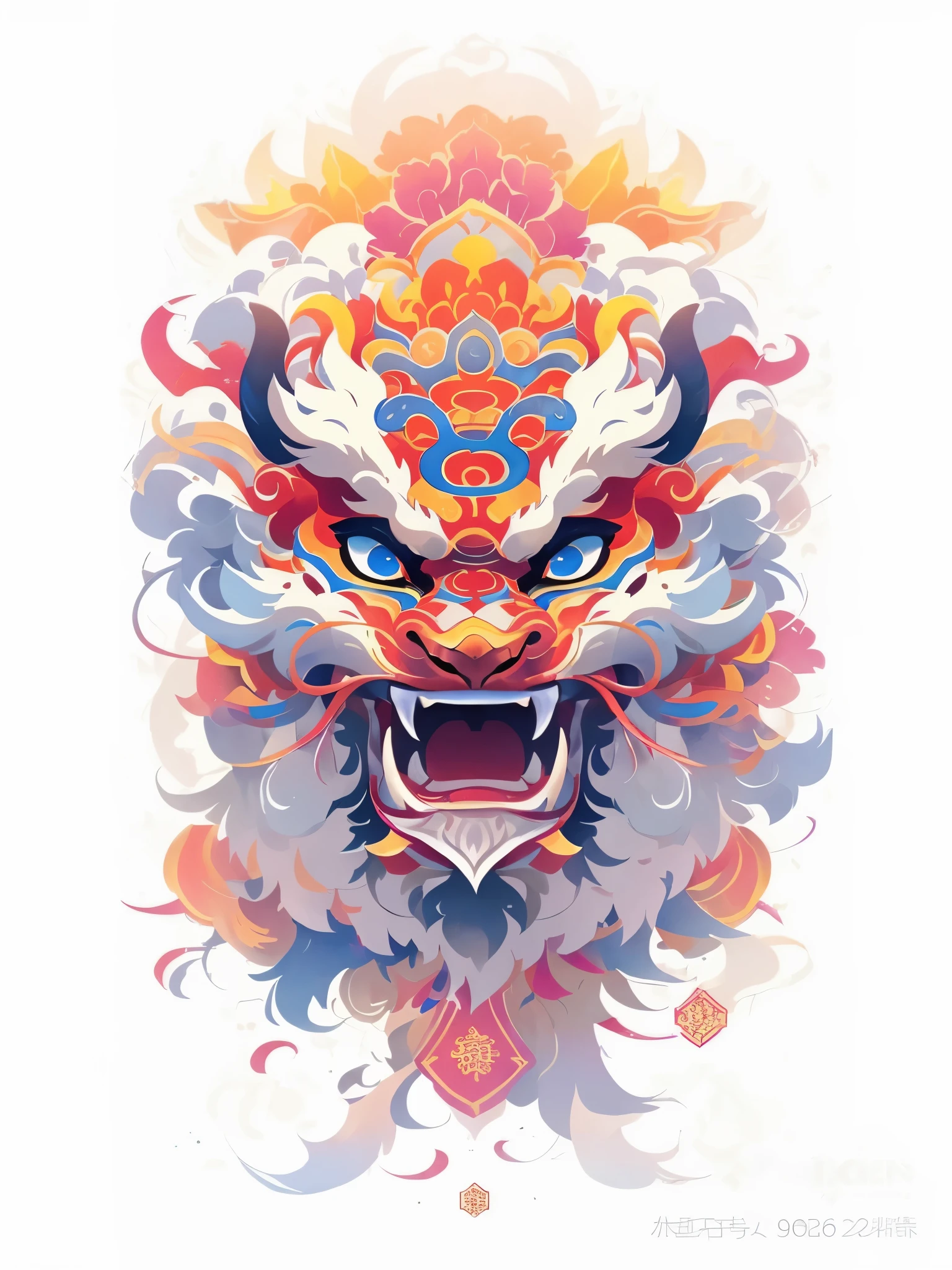 Lion head closeup，There is a colorful pattern on it, author：Ye Ruian, jc leyendecker and sachin teng, Chinese lion concept art, highly iintricate and colorful, Chinese lion, fire lion, A beautiful artistic illustration, 惊人的Wallpapers, Just a joke, Wallpapers. iintricate, Chuanghui Illustrations, Wallpapers 艺术, Reuven Tan, Chinese lion