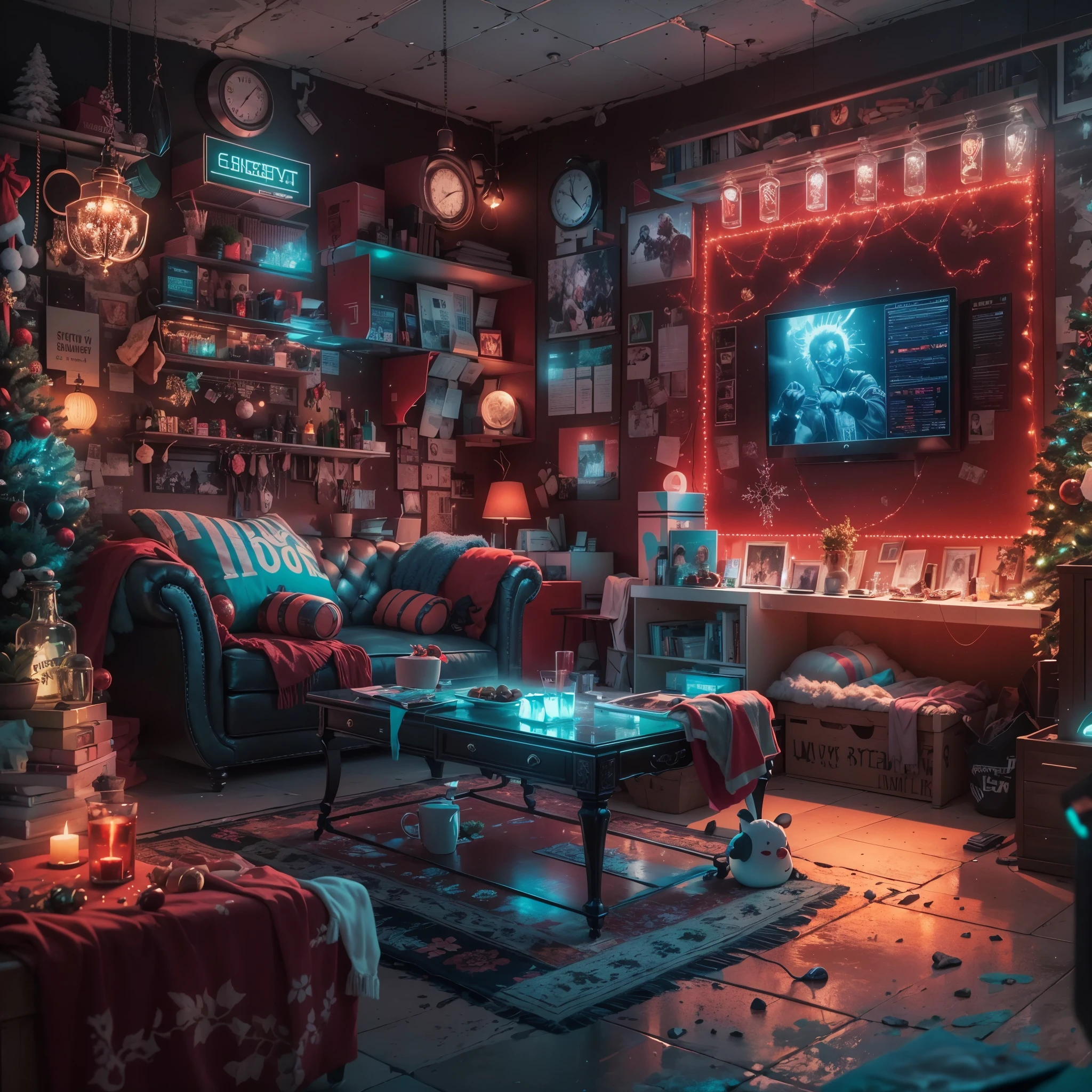 (best quality,4k,8k,highres,masterpiece:1.2),ultra-detailed,(realistic,photorealistic,photo-realistic:1.37),cyberpunk,Christmas-themed,living room,neon lights,punk elements,futuristic furniture,festive decorations,punk Christmas tree,ornaments,glowing,cybernetic implants,sleek,metallic surfaces,glass panels,reflective surfaces,punk-style fireplace,artificial snow,shimmering,punk fashion,cybernetic Santa Claus,high-tech gadgets,sparkling lights,tech-inspired Christmas stockings,vivid colors,enhanced reality projection,musical holograms