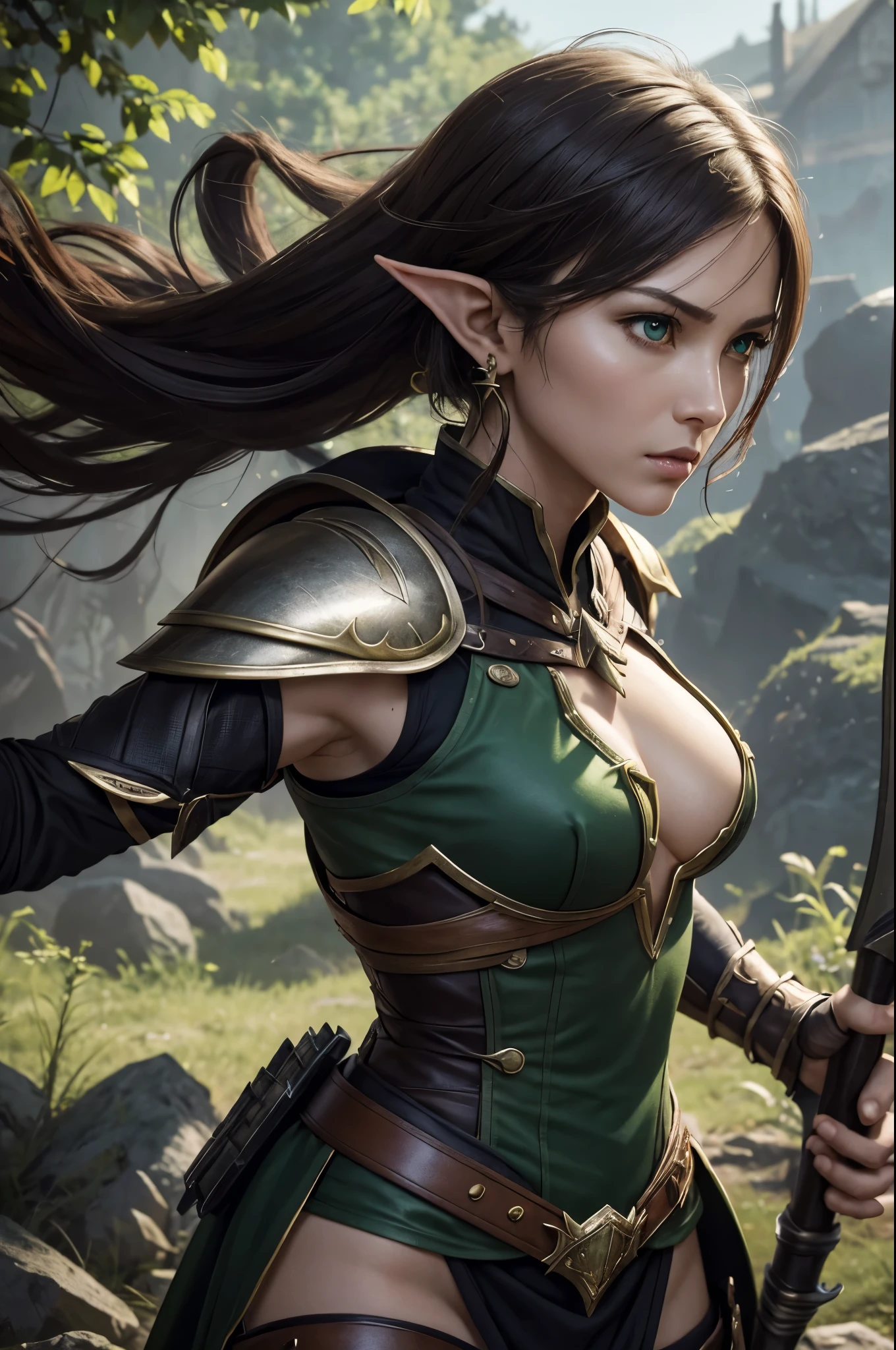 8K,Elven hunters,(masutepiece, Best Quality) Lelianada, mature woman in her 30s, Solo,Super beauty(Like the real thing) very small breasts,real looking skin,Looking at Viewer, Short hair, Green berry shorthair, Jewelry, very small breasts,Upper body, whole body,arma,earrings,armor,Hair over one eye,Green eyes,long elf ears,shoulder armor,Realistic,arrow\(projectile\), Shoulder pads, arrow筒を背負う.超A high resolution,Masterpiece,A hyper-realistic,Fantasyart,curacter art,cinestill 800,alluring glance,A sexy,a closeup,combat scene,action scene,actionpose,Rugged look,Glaring at the viewer,A sexyな衣装,Slender and muscular body,Split abs,long thin muscular legs,
