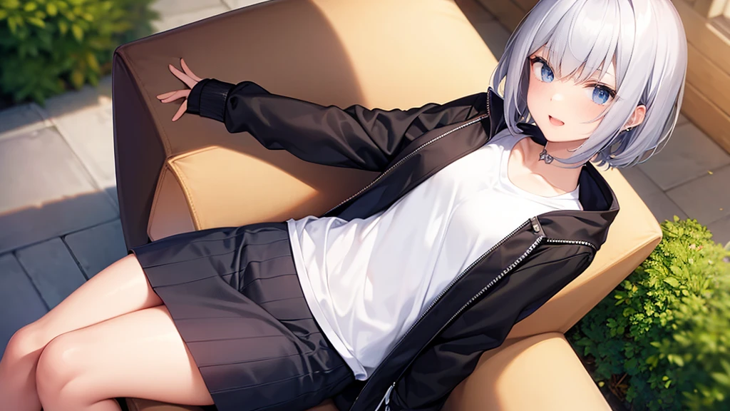 Ultra-high image quality,Look at viewers, hands behind back, girl with, 20 years old, Very short hair, long bangs between eyes, pale blue eyes, Hoodie, Skirt , Extremely detailed,(masterpiece、top-quality)、report、White hair、A smile、White skin as clear as snow、Fantastical, Silver hair, Black eyes, Beautiful eyes,, Ecstasy, charmed, be smitten with audience, Hoodie, White hoodie,a black skirt,Hair is short,look down from above,(masutepiece, Best Quality:1.1),report, 1girll, Curve,White jacket, Casual style,Open jacket, Cowboy Shot、report、Fluttering hair、a small face、hason、Bright smile、(parka、white sneaker fingers、Human hand)、(Detailed face) 、(top-quality: 1.4、tmasterpiece、 hyper HD、 Top resolution,、Very detailed、 profetional lighting、 Gray Light Lighting,fantastic landscape, Sunlight,on the beds,inside in room