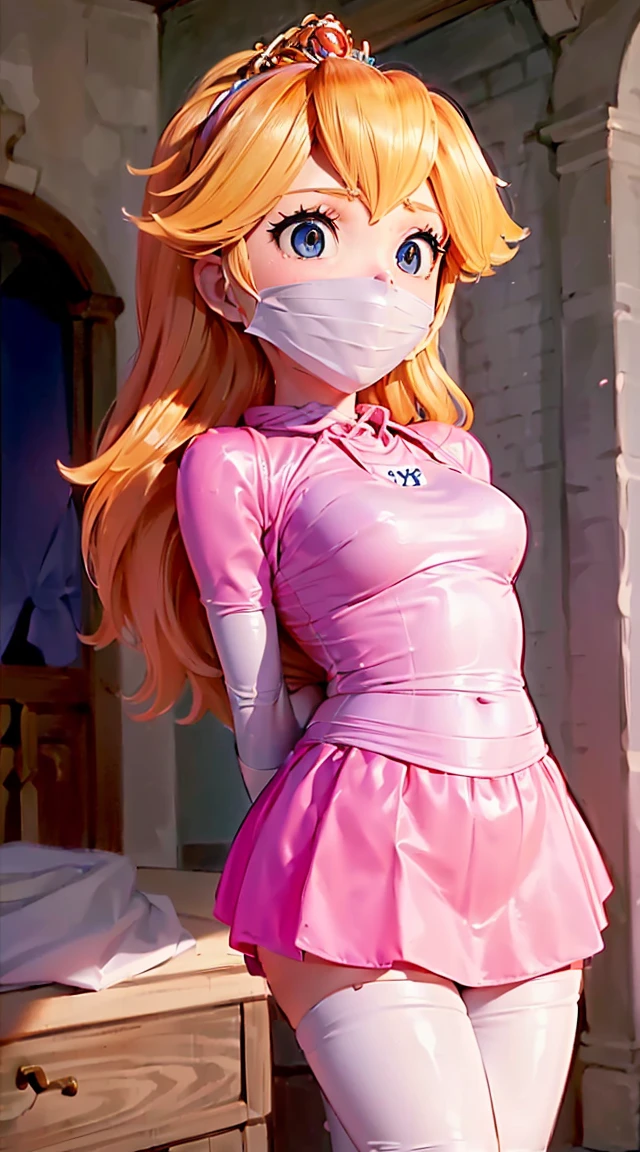 ((high detailed, best quality, 4k, masterpiece, hd:1)). (Peach), (tall girl), (solo, 1 girl), (shibari, arms behind back : 1.4) , ( full face otn gag mask), (full body view),((toes to head view)), ((complete body view photo)), ((standing)), Scared, (Skinny), view the viewer, ((shibari, bound arms, arms back behind:1.4)), tied in a wood pole, ((wearing a white polo shirt, pink skirt)), (underwater reef), ((tight full face latex mask)), (otn gag), gagged,