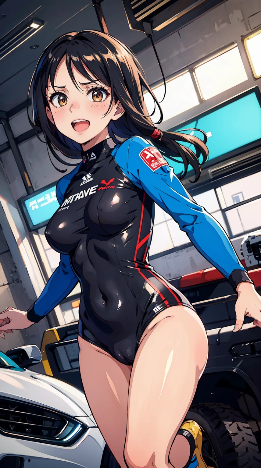 (best quality,4k,highres,masterpiece:1.2), ultra-detailed, realistic:1.37, HDR, portraits, vibrant colors, intricate details, professional lighting, sleek design, racing theme, high-speed action, dynamic composition, stylish poses, intense expressions, powerful emotions, energetic atmosphere, black bodysuit, black gloves, long flowing black hair, captivating brown eyes, beautiful smiles, curvaceous figure, sleek racing car, adrenaline-filled race track, excitement, passion, speed, skill, precision, focus, determination, victory.