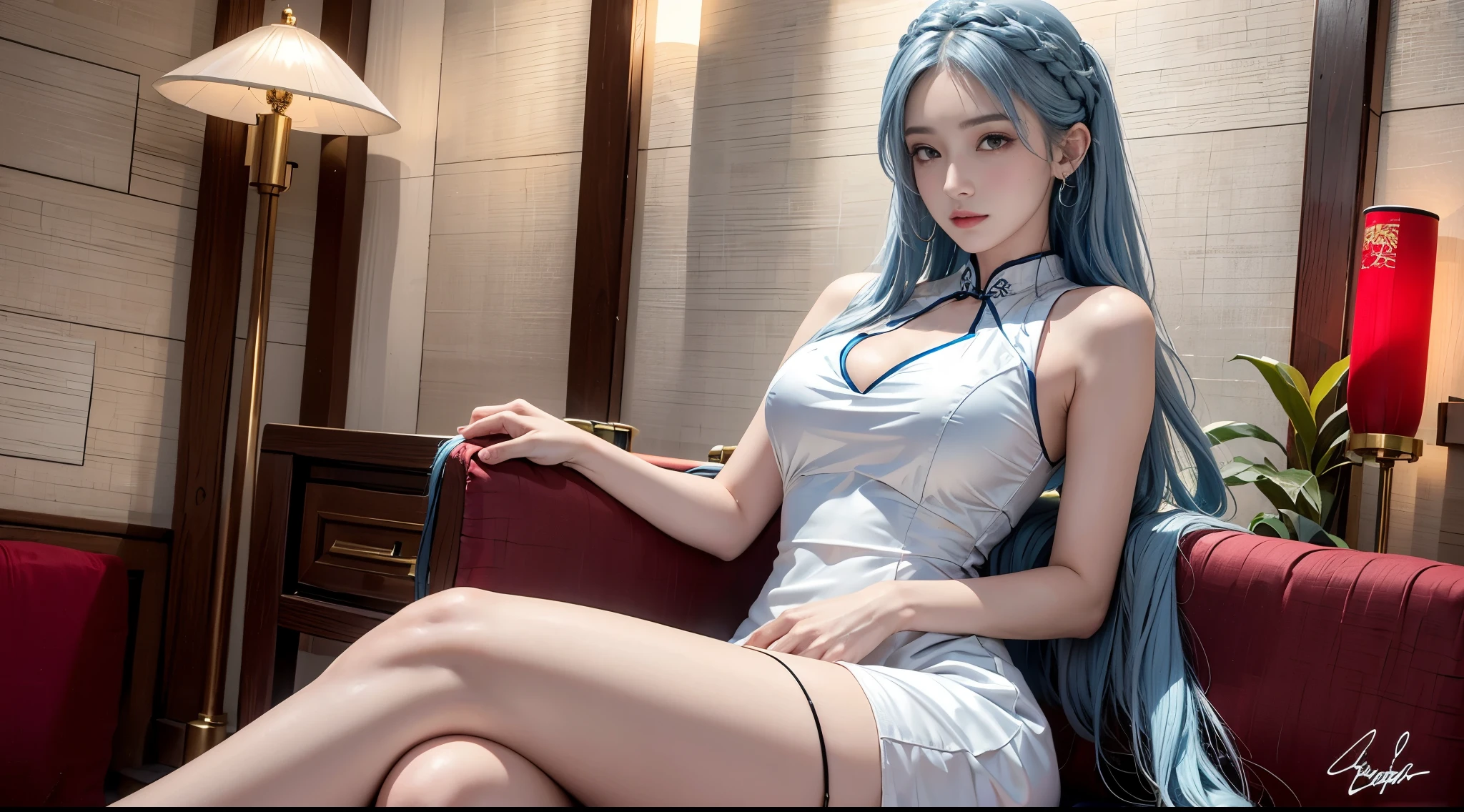realistically, A high resolution, 1人の女性, butt lift, On the cheongsam, end, White dress, jewely, Chinese clothes, Sleeveless dress, Sleeveless, bshoulders, , 耳Nipple Ring, Official spare clothing, upper legs, through bangs, bangle, Very long hair, colored skin, bead bangle, bead, crossed legs, signatures, arm support, ponyend, tassel ear nipple ring, Blue hair, Braided hair