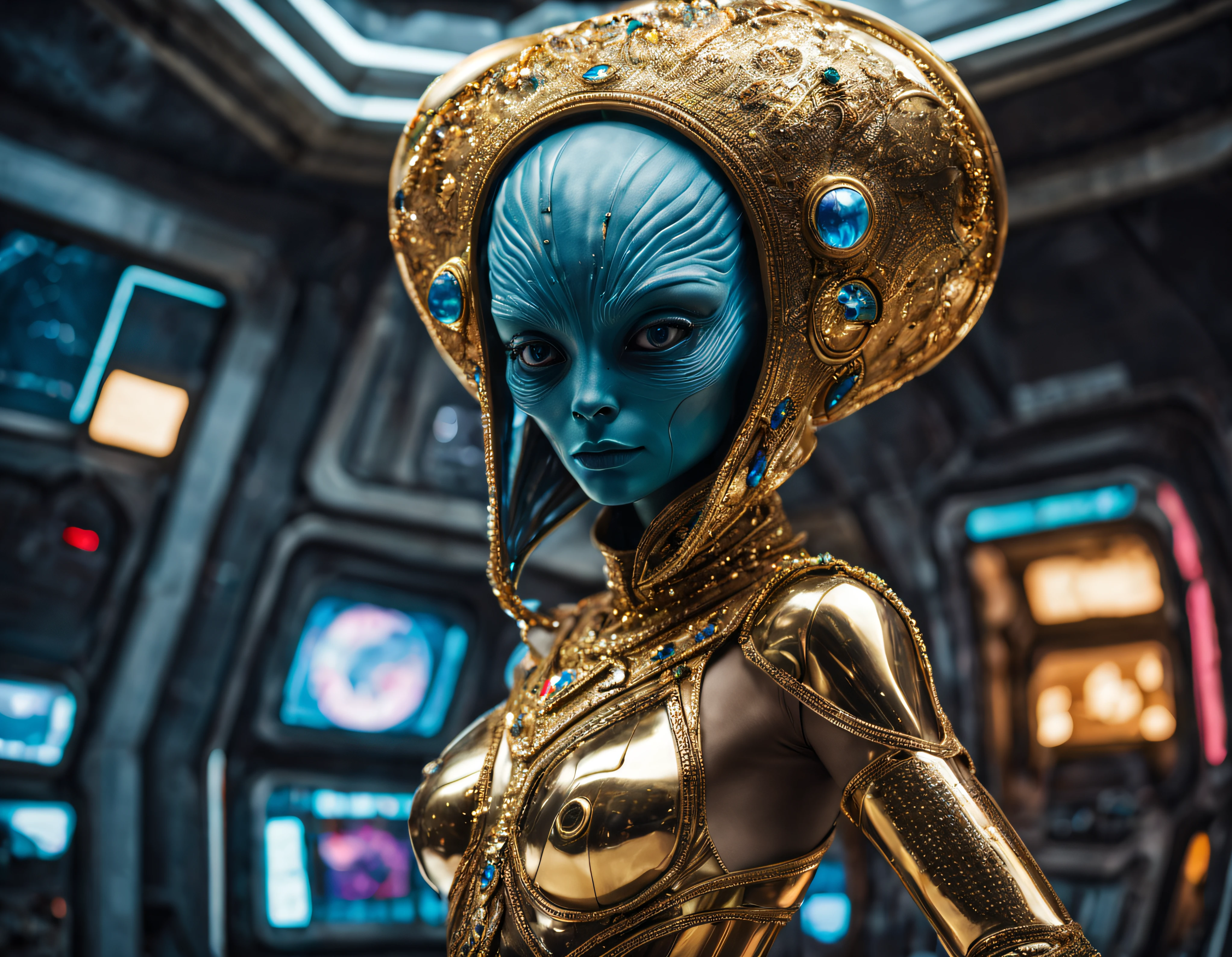 (cuerpo completo), extraterrestrial alien female similar to Lihö-Minaa princess of the people of the planet mül from Valerian and the city of a thousand planets , ((vestida de traje de noche corto, engarzado con oro refulgente, priedras preciosas de colores y diamantes)), (se encuentra en centro de control de estacion espacial),detalles intrincados de la maquina de alta calidad), estilo cinematografico, nitidez absoluta, imagen 8k.(obra maestra).fondos de pantalla, ultra detallado.