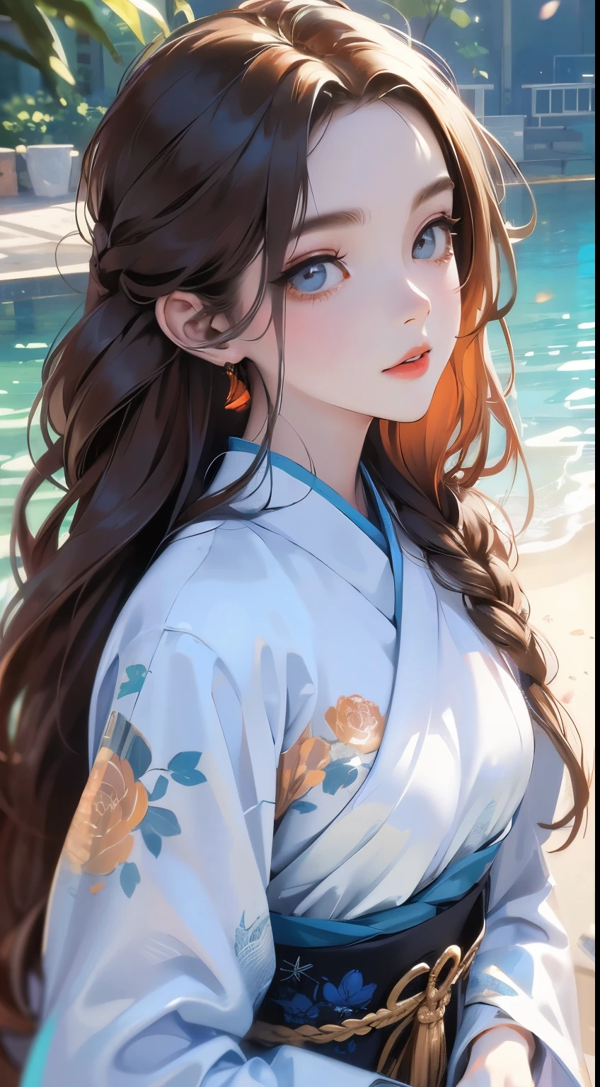 Best quality at best,tmasterpiece,illustratio,an extremely delicate and beautiful,The is very detailed,CG,unity,8k wallpaper,astounding,finely detailled,tmasterpiece,Best quality at best,offcial art,Very detailed CG unity 8k wallpaper,absurderes,Incredibly Ridiculous res,hugefilesize,ultra - detailed,A high resolution,The is very detailed,Beautiful detailed girl,very detailed eyes and faceeatiful detailed eyes,light in face,(Hanfu:1.1),1girll,full bodyesbian,full bodyesbian,shot of,,tmasterpiece,1girll,独奏,brunette color hair,white dresses,,white thighhig,lake,dampness