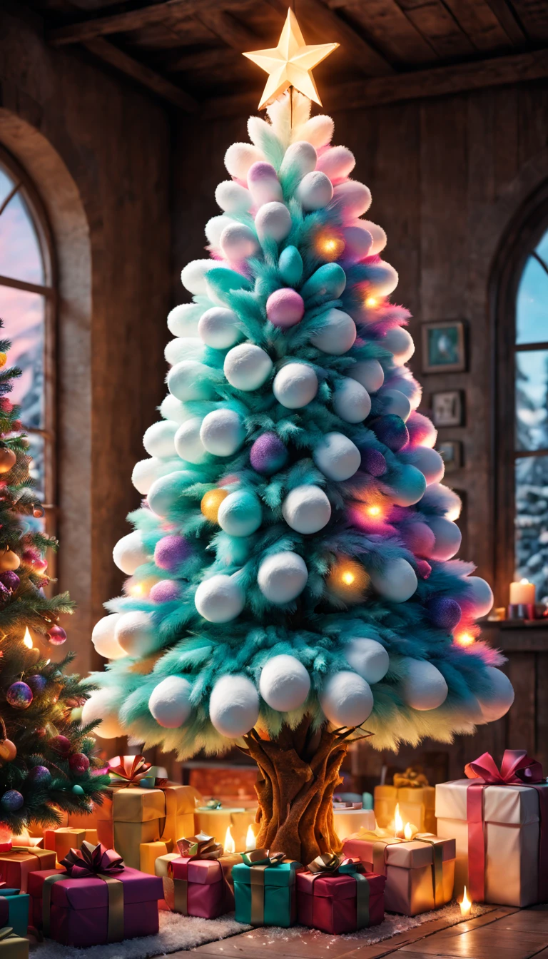Fluffy Marshmallow Christmas Tree,(La mejor calidad en el mejor de los casos,4k,8k,A high resolution,tmasterpiece:1.2),Ultra - detallado,(actual,Realista,fotorrealista:1.37),dulce，colores vibrantes，Caprichosamente，huge tree，Imaginando，intrigante，Light and ventilation，deleite，fantastical、comestible、indulgente、El alto、agradable、estimulante、arco iris，In a room full of colorful gifts, Surrounded by warm colored lights and candles., colores vibrantes y pastel, fuzzy lighting。