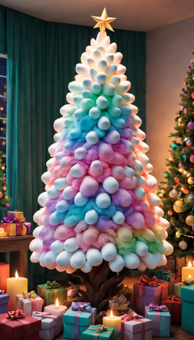 Fluffy Marshmallow Christmas Tree,(La mejor calidad en el mejor de los casos,4k,8k,A high resolution,tmasterpiece:1.2),Ultra - detallado,(actual,Realista,fotorrealista:1.37),dulce,colores vibrantes,Caprichosamente,huge tree,Imaginando,intrigante,Light and ventilation,deleite,fantastical、comestible、indulgente、El alto、agradable、estimulante、arco iris,In a room full of colorful gifts, Surrounded by warm colored lights and candles., colores vibrantes y pastel, fuzzy lighting。