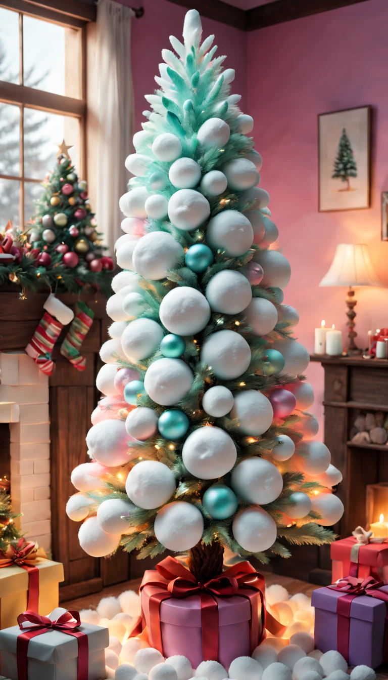 Fluffy Marshmallow Christmas Tree,(La mejor calidad en el mejor de los casos,4k,8k,A high resolution,tmasterpiece:1.2),Ultra - detallado,(actual,Realista,fotorrealista:1.37),dulce，colores vibrantes，Caprichosamente，huge tree，Imaginando，intrigante，Light and ventilation，deleite，fantastical、comestible、indulgente、El alto、agradable、estimulante、arco iris，In a room full of colorful gifts, Surrounded by warm colored lights and candles., colores vibrantes y pastel, fuzzy lighting。