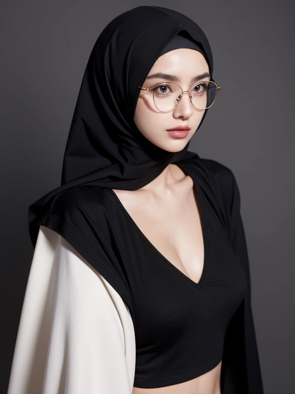 A girl, beautiful, wearing hijab, sexy, wearing eyeglass, big breasts, naked