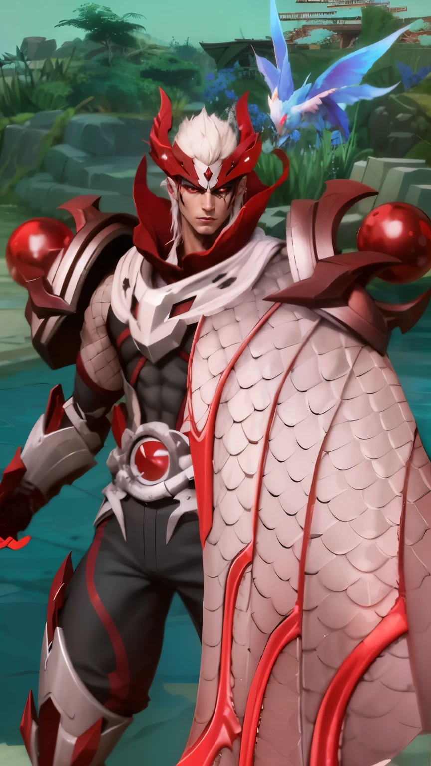 Anime villain, realistic, 1 boy, cool, heandsome, 8k quality, red eyes, red face, white face