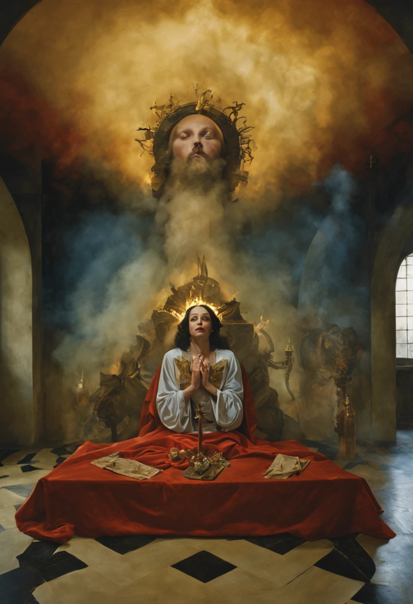 adoration, veneration, anticipation, ecstatic, excited, in love, Bettina Rheims shot, The holy saint of alchemists, sacred, fire, light rays, pagan saint, inri, full body shot, prayer