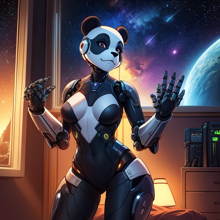 female, furry, metallic, robotic, android, robotic limbs, anthro, panda, no clothes, small breasts, thin body, curved thighs, standing in bedroom , legs spread, in front of window, science fiction, stars, galaxy, star ships, at night, dim light, high quality, masterpiece,