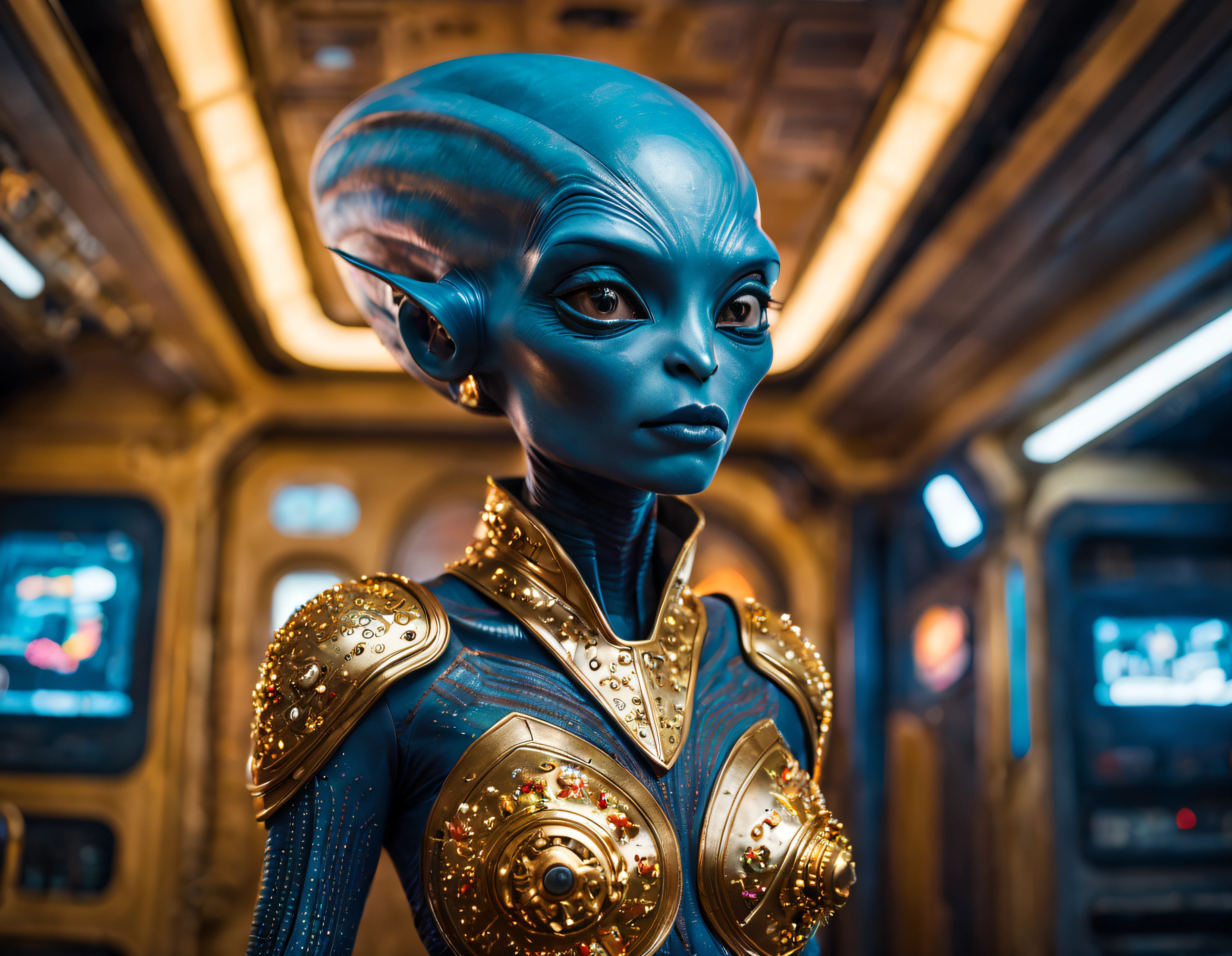 (cuerpo completo), extraterrestrial alien female similar to Lihö-Minaa princess of the people of the planet mül from Valerian and the city of a thousand planets , ((vestida de traje de noche corto, engarzado con oro refulgente, priedras preciosas de colores y diamantes)), (se encuentra en centro de control de estacion espacial),detalles intrincados de la maquina de alta calidad), estilo cinematografico, nitidez absoluta, imagen 8k.(obra maestra).fondos de pantalla, ultra detallado.