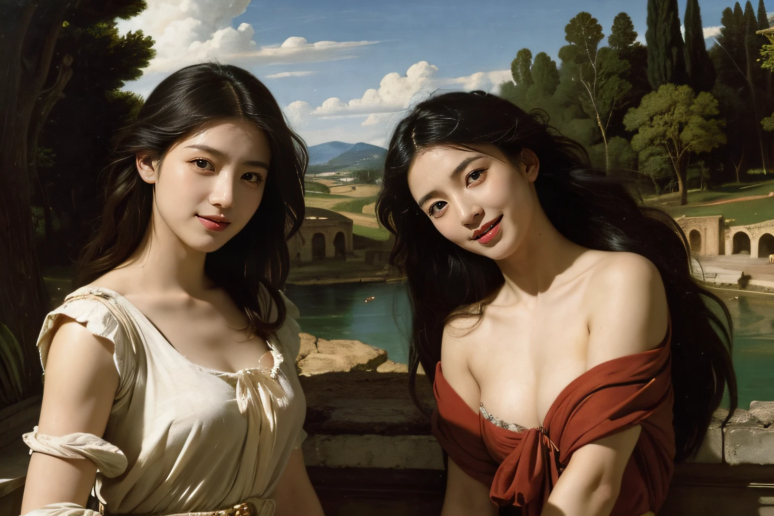 Ancient Roman landscape in the style of Nicolas Poussin,A smile,,Sweet and seductive appearance.、Caravaggio's paintings、Chiaroscuro of Caravaggio、Hair disheveled in the wind,Two women frolicking,Cute smile, Expression of ecstasy,A sexy,erotick
