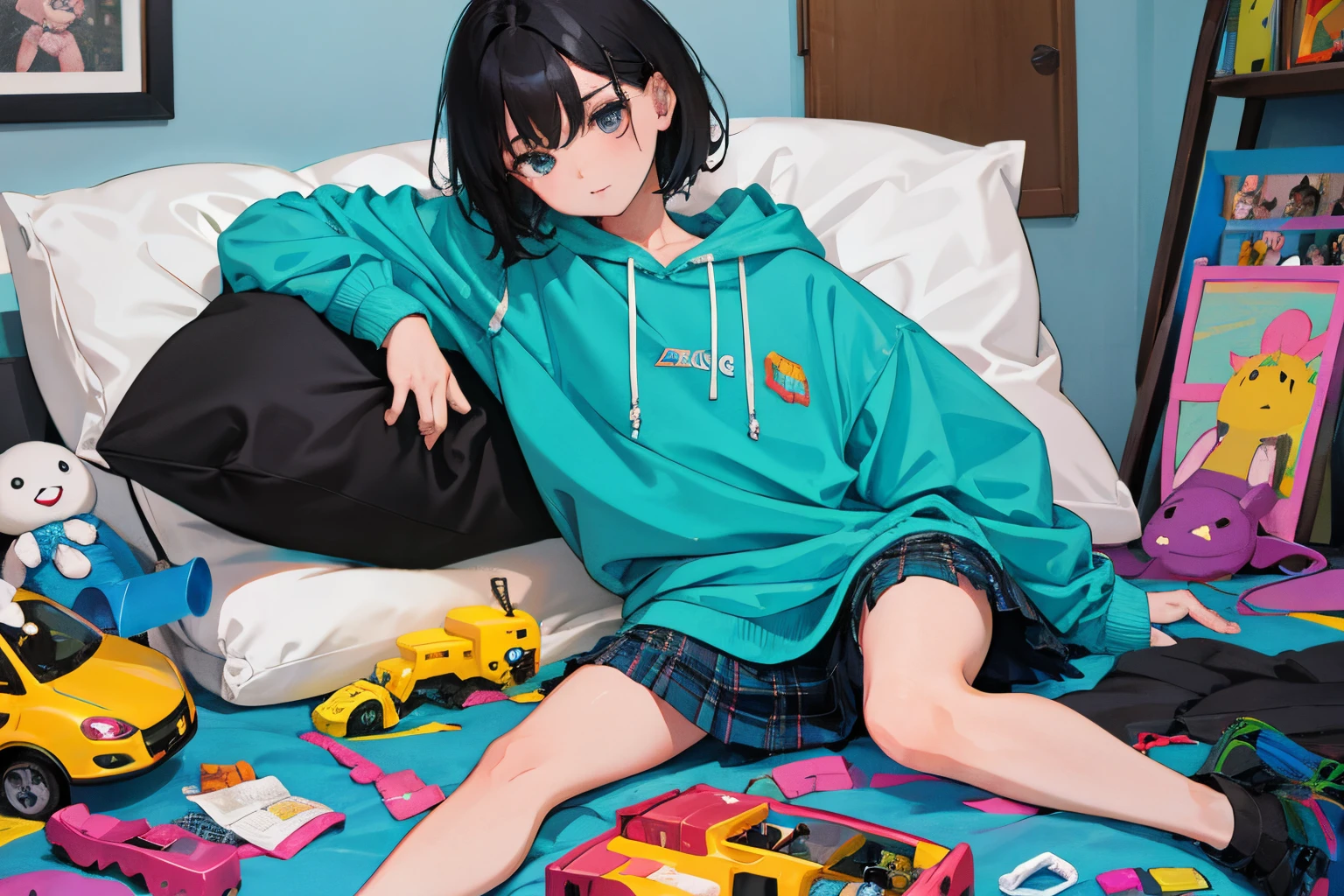 *****，（​masterpiece，Highest Quality），turquoise short sleeve hoodie，Plaid mini skirt，A dark-haired，Semi-long，World of toys