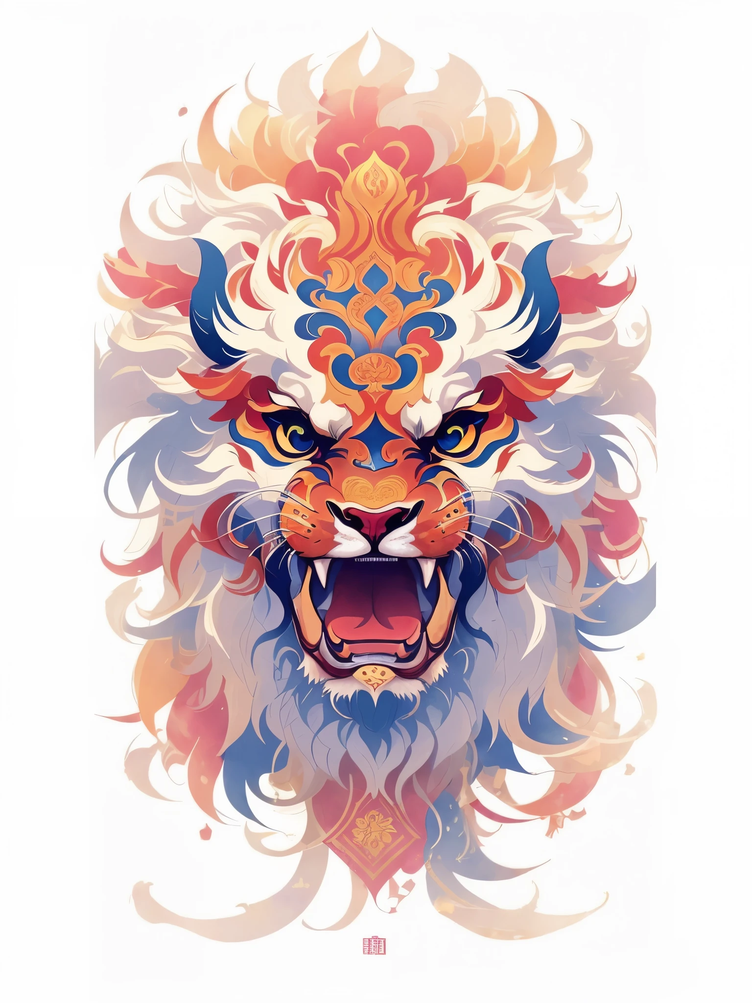 Lion head closeup,There is a colorful pattern on it, author:Ye Ruian, jc leyendecker and sachin teng, Chinese lion concept art, highly iintricate and colorful, Chinese lion, fire lion, A beautiful artistic illustration, 惊人的Wallpapers, Just a joke, Wallpapers. iintricate, Chuanghui Illustrations, Wallpapers 艺术, Reuven Tan, Chinese lion