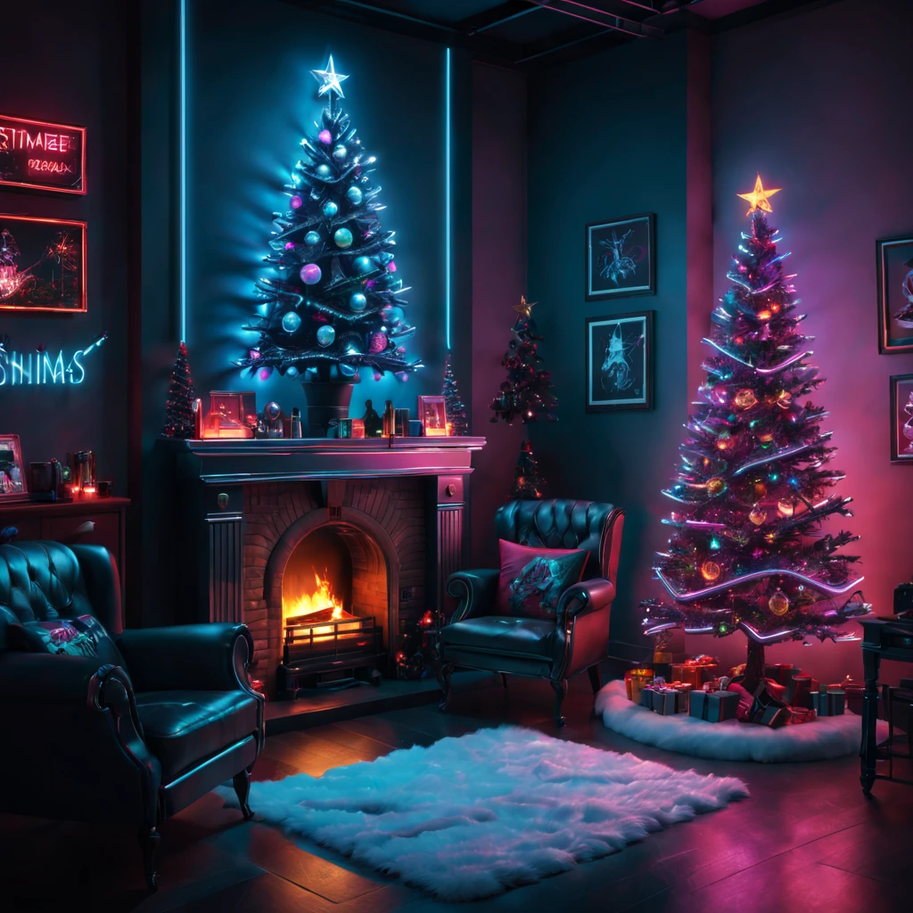 (best quality,4k,8k,highres,masterpiece:1.2),ultra-detailed,(realistic,photorealistic,photo-realistic:1.37),cyberpunk,Christmas-themed,living room,neon lights,punk elements,futuristic furniture,festive decorations,punk Christmas tree,ornaments,glowing,cybernetic implants,sleek,metallic surfaces,glass panels,reflective surfaces,punk-style fireplace,artificial snow,shimmering,punk fashion,cybernetic Santa Claus,high-tech gadgets,sparkling lights,tech-inspired Christmas stockings,vivid colors,enhanced reality projection,musical holograms