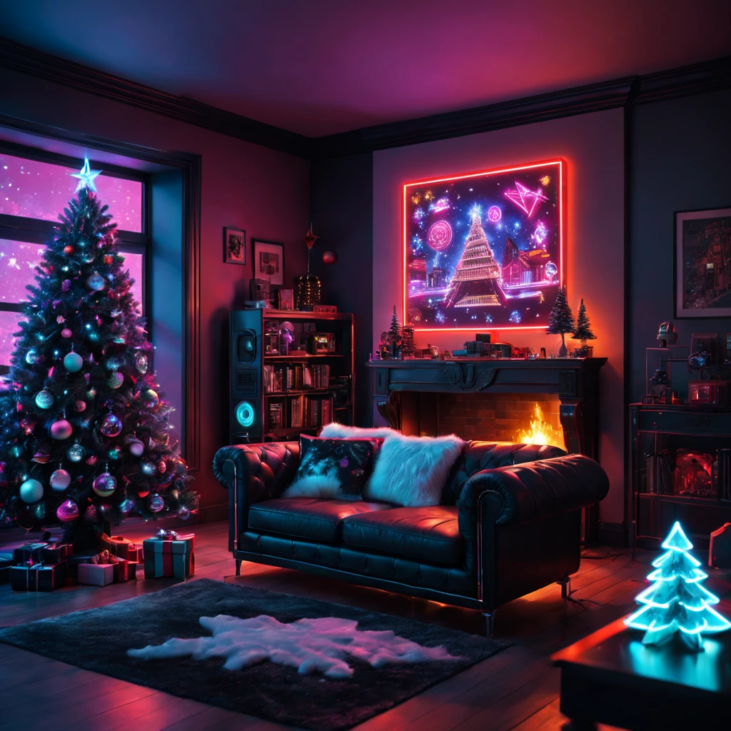 (best quality,4k,8k,highres,masterpiece:1.2),ultra-detailed,(realistic,photorealistic,photo-realistic:1.37),cyberpunk,Christmas-themed,living room,neon lights,punk elements,futuristic furniture,festive decorations,punk Christmas tree,ornaments,glowing,cybernetic implants,sleek,metallic surfaces,glass panels,reflective surfaces,punk-style fireplace,artificial snow,shimmering,punk fashion,cybernetic Santa Claus,high-tech gadgets,sparkling lights,tech-inspired Christmas stockings,vivid colors,enhanced reality projection,musical holograms