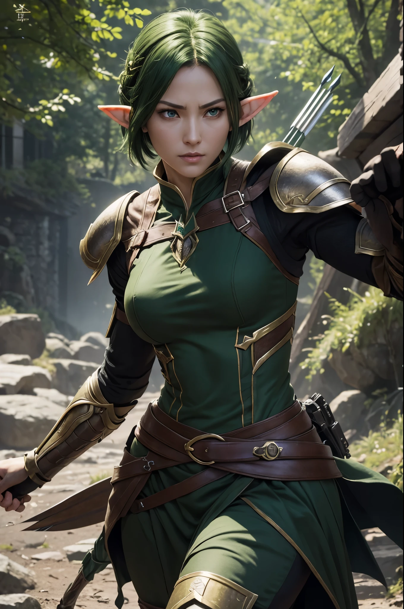 8K,Elven hunters,(masutepiece, Best Quality) Lelianada, mature woman in her 30s, Solo,Super beauty(Like the real thing) very small breasts,real looking skin,Looking at Viewer, short green hair,very small breasts,Upper body, whole body,arma,earrings,armor,Hair over one eye,Green eyes,long elf ears,shoulder armor,Realistic,arrow\(projectile\), Shoulder pads, arrow筒を背負う.超A high resolution,Masterpiece,A hyper-realistic,Fantasyart,curacter art,cinestill 800,alluring glance,A sexy,a closeup,combat scene,action scene,actionpose,kindly smile,A sexyな衣装,Slender and muscular body,Split abs,long thin muscular legs,green short-haired,