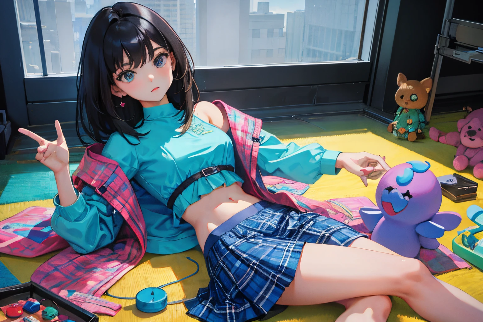 At the bottom of the screen, There is a very beautiful girl, lying down, in school skirt, half-open leg, small panties, toy doll in hand, in bed at night, surrounded by many dolls, realistic texture style, popmart blind box.clay material, bright background, award-winning, LED3d art, Pixar trend, surreal, octane rendering, complex details, animation lighting, fieldray stroke depth,  Illustration, C4D