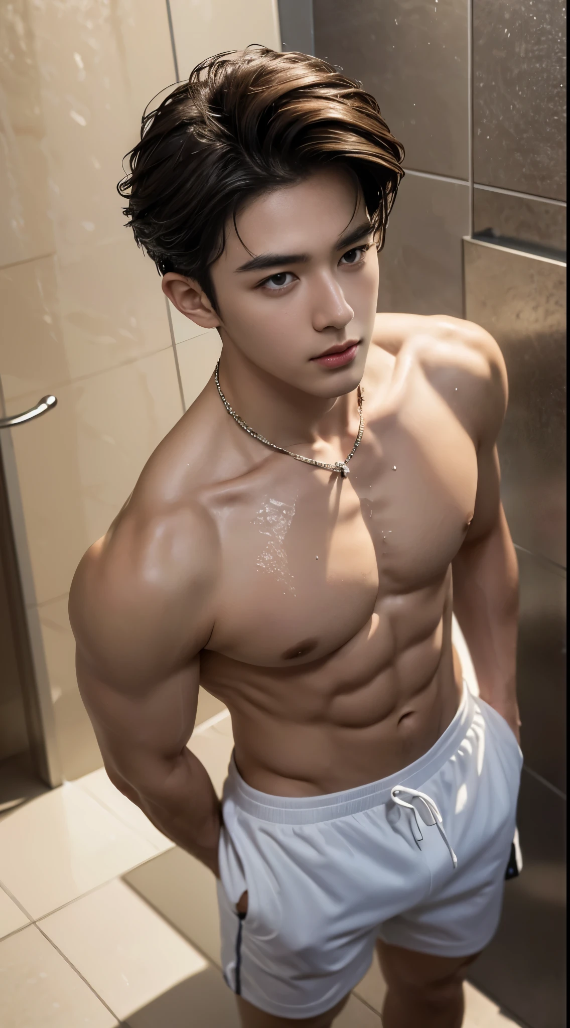 ((Best Quality, 8K, Masterpiece: 1.3)), Full Color Photos, Men, Double Eyes, (Detail Eyes), Gentle Face, Refreshing, Cinema Lighting, Soft Light, One, Super Masculine, Beautiful Boy, Korean Star, KPOP Idol, Brown Hair, Fashionable Boxer Shorts, Design Color, Standing, Reinforced Body, Necklace, Luxury Hotel, Luxury Hotel, , Shower Room, Shower, Wet, Splash, Hair wet, dynamic pose, (shot from above)