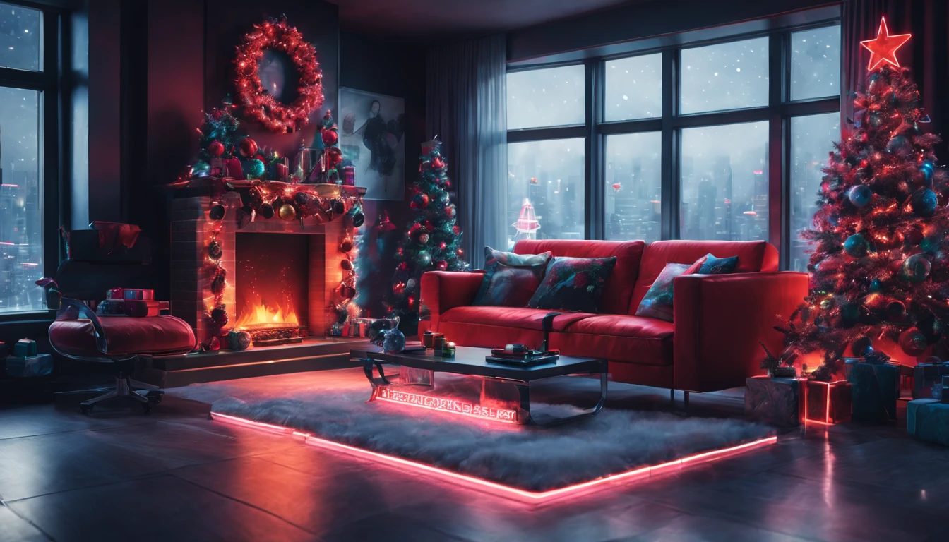 cyberpunk,Christmas-themed,living room,neon lights,punk elements,futuristic furniture,festive decorations,punk Christmas tree,ornaments,glowing,cybernetic implants,sleek,metallic surfaces,glass panels,reflective surfaces,punk-style fireplace,artificial snow,shimmering,punk fashion,cybernetic Santa Claus,high-tech gadgets,sparkling lights,tech-inspired Christmas stockings,vivid colors,enhanced reality projection,musical hologramest quality,4k,8k,highres,masterpiece:1.2),ultra-detailed,(realistic,photorealistic,photo-realistic:1.37),