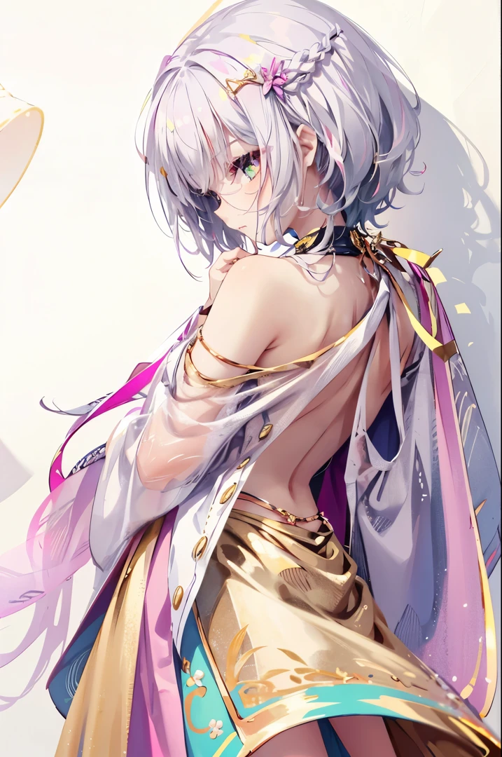 NSFW,One Girl,on stomach,from behind,long pink and white hair,Dark yellow pupils,Decorated with bright gold,White and yellow soft clothes,silk skirt,Big chest with deep V、Shoulder,open navel,bare thigh,She is a cute and sweet beautiful girl,White background,simple background