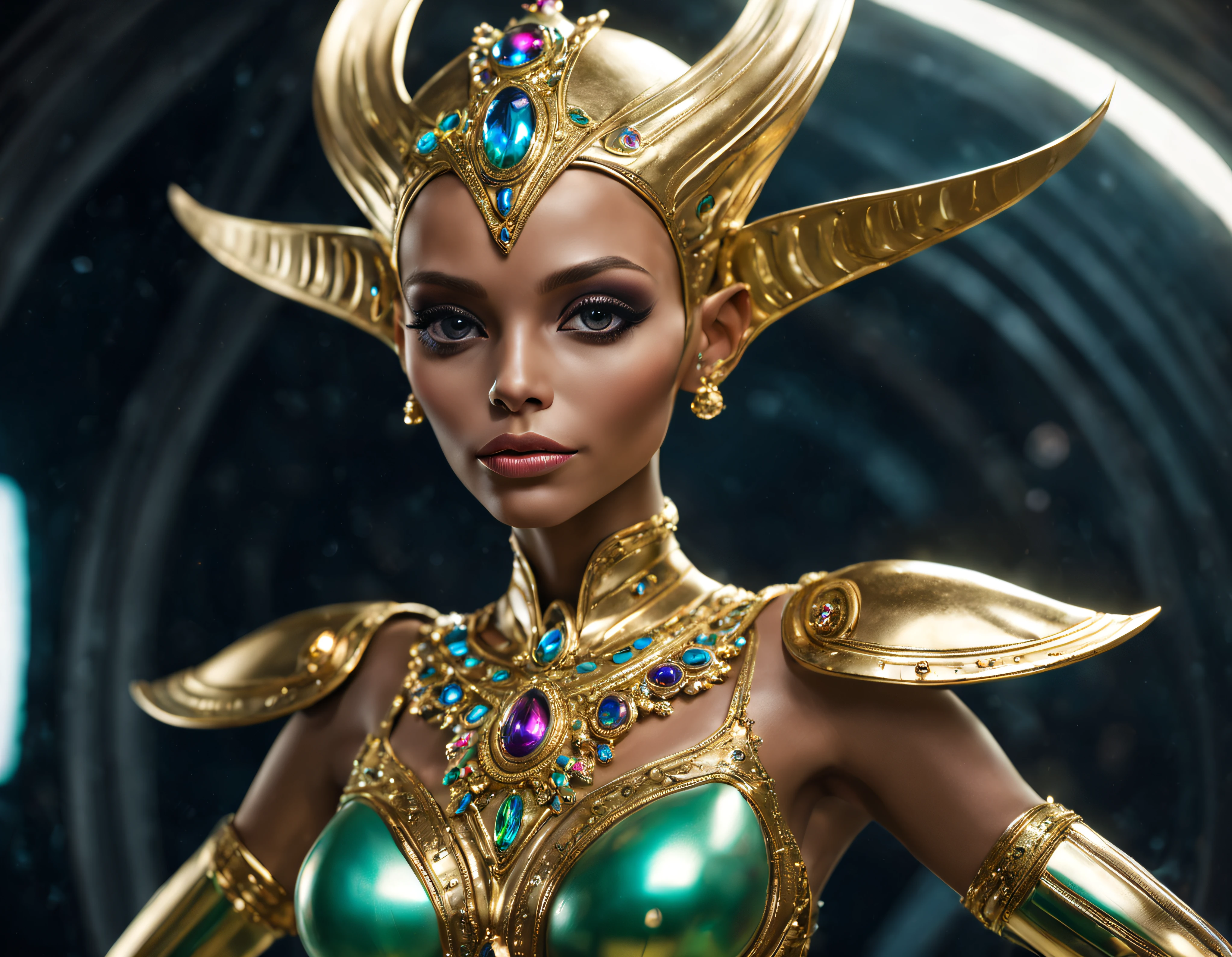 (cuerpo completo), extraterrestrial alien female similar to Lihö-Minaa princess of the people of the planet mül , ((vestida de traje de noche corto, engarzado con oro refulgente, priedras preciosas de colores y diamantes)), (se encuentra en centro de control de estacion espacial),detalles intrincados de la maquina de alta calidad), estilo cinematografico, nitidez absoluta, imagen 8k.(obra maestra).fondos de pantalla, ultra detallado.