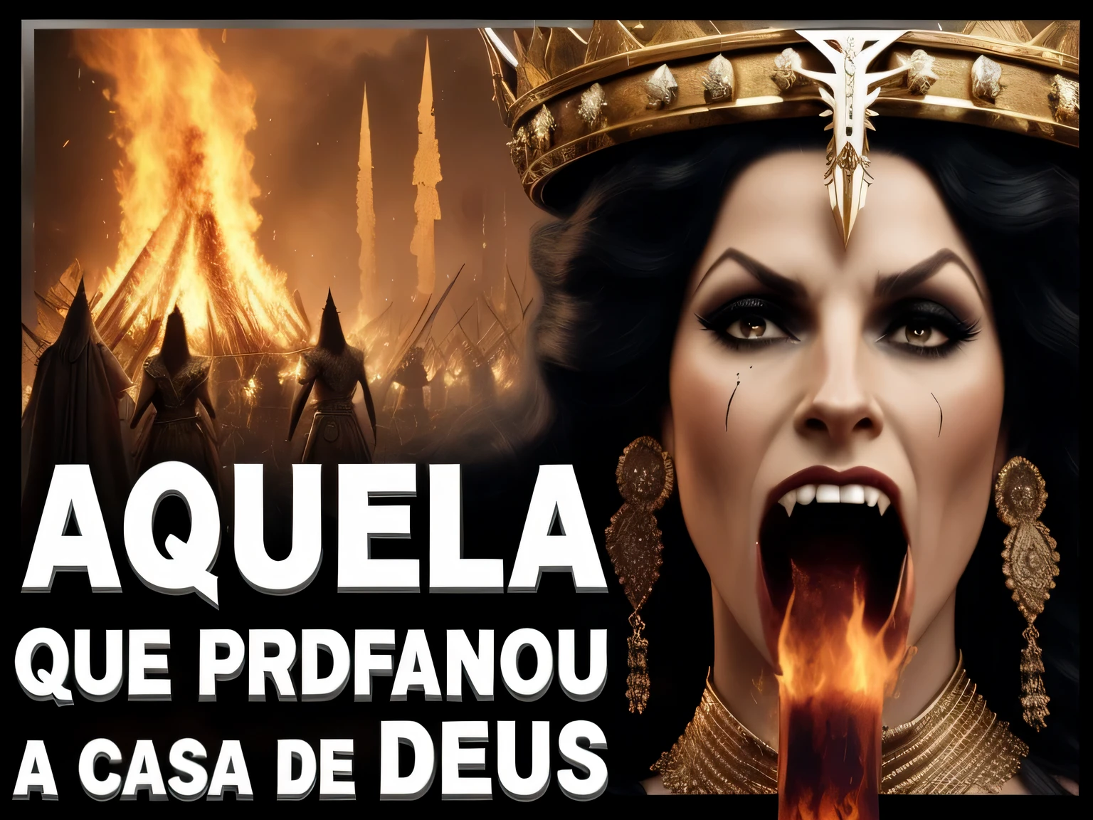 a woman with a crown on her head and a large bonfire in the background, epic biblical film, Diablo 4 Rainha, you early riser, Diretor: Manuel Franquelo, Rainha do Inferno, Waneella, by Antonio Parreiras, by Francisco Zúñiga, demoniaca! compedium!, Aenaluck, Brujeria