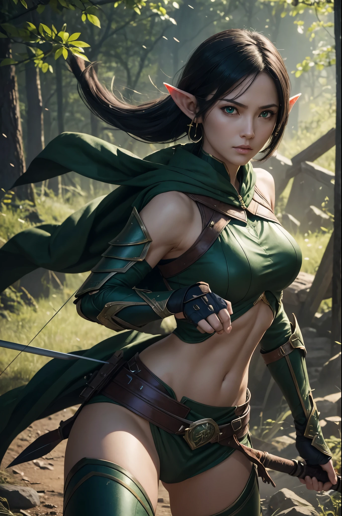 8K,Elven hunters,(masutepiece, Best Quality) Lelianada, mature woman in her 30s, Solo,Super beauty(Like the real thing) very small breasts,real looking skin,Looking at Viewer, short green hair,very small breasts,Upper body, whole body,arma,earrings,armor,Hair over one eye,Green eyes,long elf ears,shoulder armor,Realistic,arrow\(projectile\), Shoulder pads, arrow筒を背負う.超A high resolution,Masterpiece,A hyper-realistic,Fantasyart,curacter art,cinestill 800,alluring glance,A sexy,a closeup,combat scene,action scene,actionpose,Rugged look,Glaring at the viewer,A sexyな衣装,Slender and muscular body,Split abs,long thin muscular legs,green short-haired,