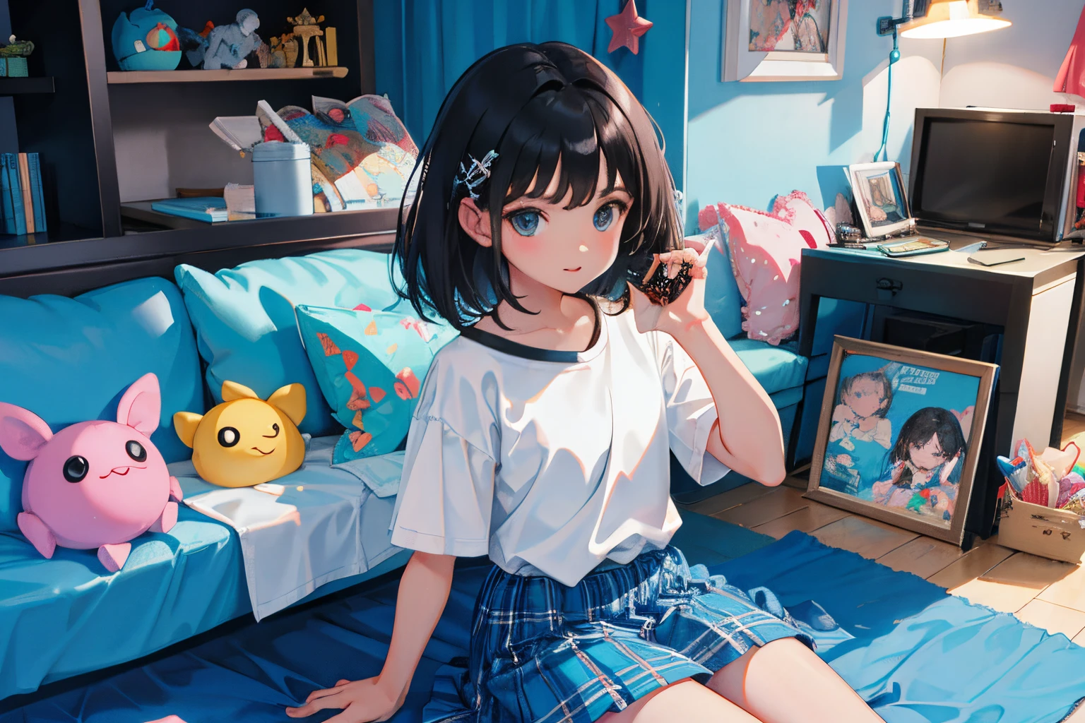 child,(masterpiece,Highest Quality),turquoise short sleeve shirt,Plaid mini skirt,A dark-haired,Semi-long,World of toys