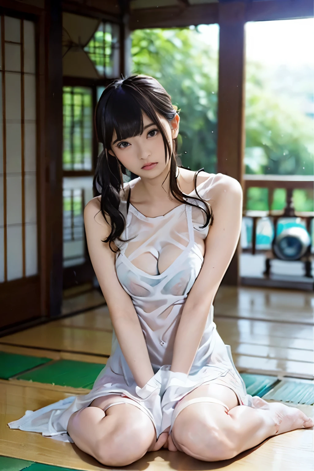 ((top-quality、masuter piece:1.3))、201 year old girl、Beautiful girl emphasizing slender abs:1.3、(Random hairstyle、huge-breasted:1.2、constricted hips)、Wet string clothes:1.2、hyperdetailed face、A detailed eye、二重まぶた、barechested、Full body like、A sexy maid、((Recurve the body、barechested、See-through maid clothes))、a wet body、((barechested、Hide the pubic area with your hands、Nankoku Resort、Beautuful Women))、Hide the pubic area with a string、Beautuful Women