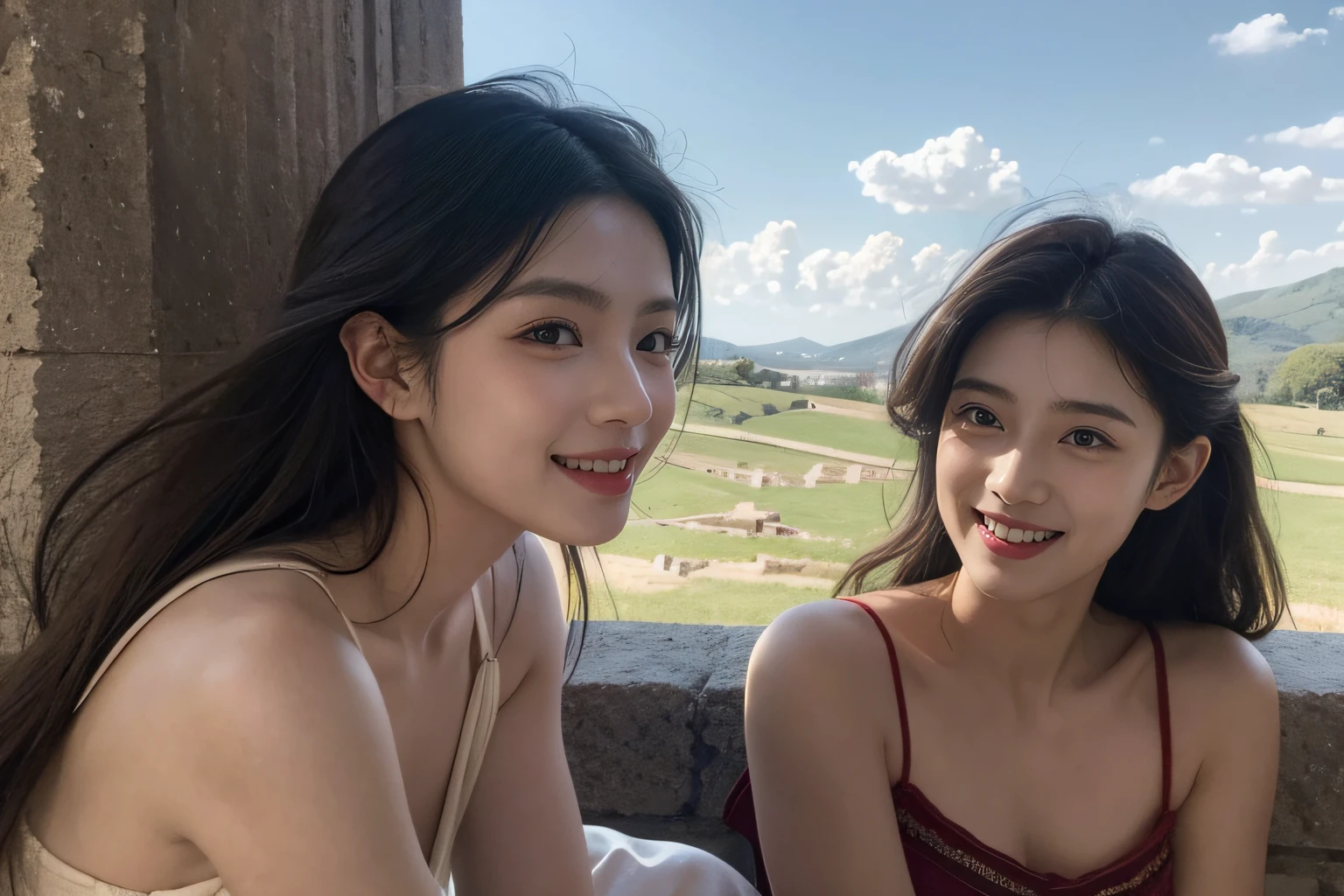 Ancient Roman landscape in the style of Nicolas Poussin,A smile,,Sweet and seductive appearance.、Caravaggio's paintings、Chiaroscuro of Caravaggio、Hair disheveled in the wind,Two women frolicking,Cute smile, Expression of ecstasy,A sexy,erotick