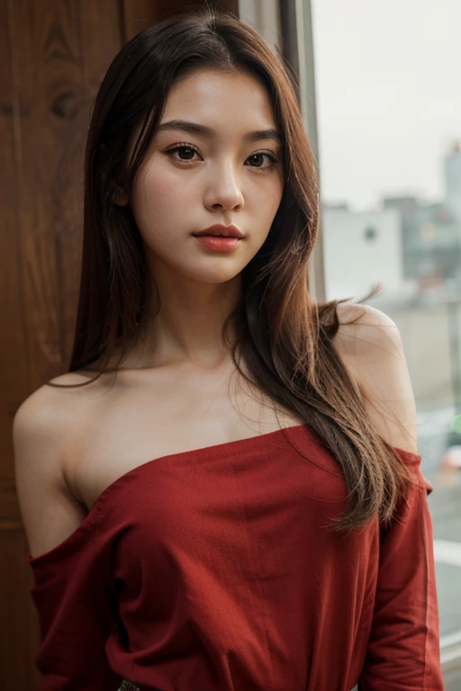 Face of a beautiful asian girl, young, pure, innocent, 18 years old, pale skin, looking at camera, perfect face, pretty, light brown long hair, red lipstick