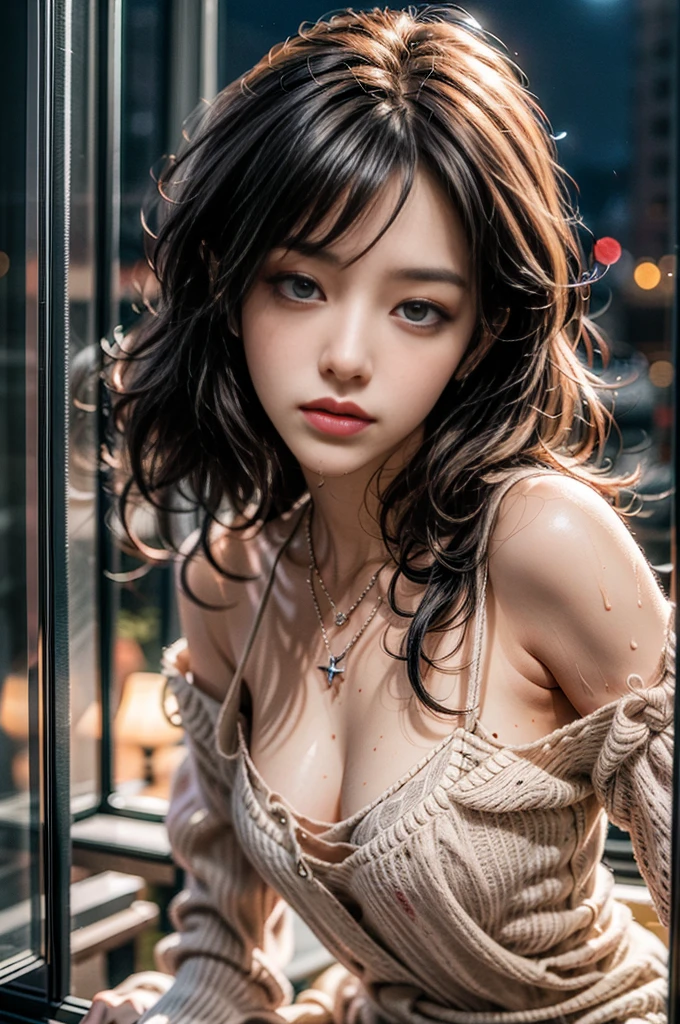 (Photoreal Stick:1.5, masutepiece:1.5, 8K), (top-quality, masterpiece, 超A high resolution), Perfect dynamic composition, Professional camera work:1.4, Highly detailed skin and facial texture:1.3, Mystical portrait:1.3, Grow Light Effect, The ultra-detailliert, 1girl in, ((Night view from inside the building, Pitch black room:0.9, The moonlight at night shines through the glass)), (Light purple nightgown), Model body type, Clear face, (Beautiful and seductive eyes:0.9, Enraptured look:1.0, i love you completely:0.8, A mouthfeel that feels beautiful eros:0.7), (Wet dark brown medium hair), candles, the chest is medium, a necklace, (Leaning against the window, Sit up), ((seductiv, Functional))