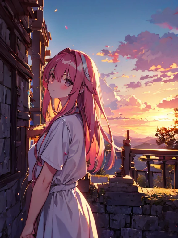 Astolfo, fate, smiling with direct eye contact, is standing outdoors in front of a picturesque mountain. The sky above her is painted in hues of orange and pink as the sun sets, creating a beautiful sunset. In the background, there is a serene temple, adding a touch of simplicity to the overall scene. The lighting is dramatic, with rays of warm light illuminating the girl's face and creating a sense of depth and emotion. Her face is cute and her cheeks have a subtle blush, enhancing her charm. The artwork is of the highest quality, with a resolution of 4k or 8k, it a true masterpiece.