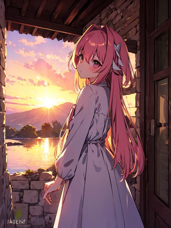 Astolfo, fate, smiling with direct eye contact, is standing outdoors in front of a picturesque mountain. The sky above her is painted in hues of orange and pink as the sun sets, creating a beautiful sunset. In the background, there is a serene temple, adding a touch of simplicity to the overall scene. The lighting is dramatic, with rays of warm light illuminating the girl's face and creating a sense of depth and emotion. Her face is cute and her cheeks have a subtle blush, enhancing her charm. The artwork is of the highest quality, with a resolution of 4k or 8k, it a true masterpiece.