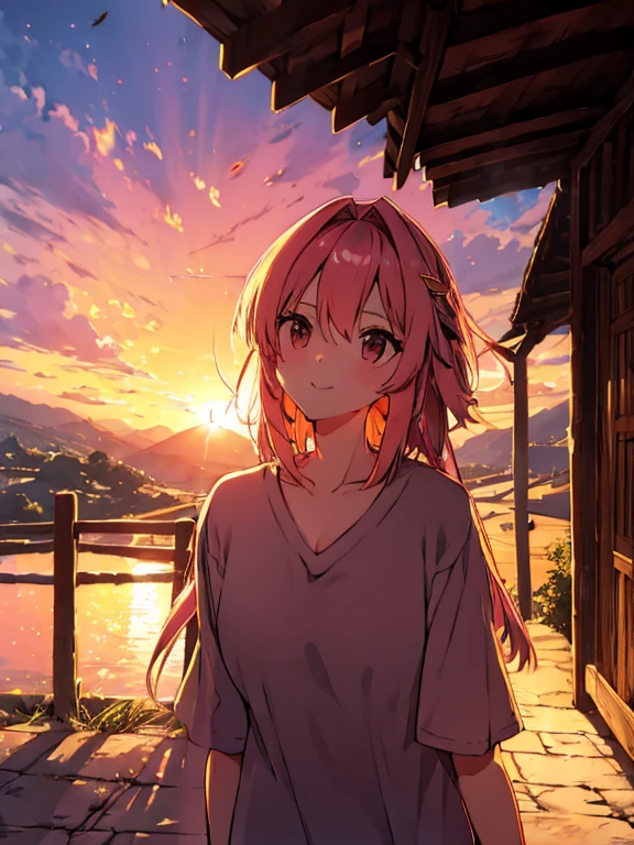 Astolfo, fate, smiling with direct eye contact, is standing outdoors in front of a picturesque mountain. The sky above her is painted in hues of orange and pink as the sun sets, creating a beautiful sunset. In the background, there is a serene temple, adding a touch of simplicity to the overall scene. The lighting is dramatic, with rays of warm light illuminating the girl's face and creating a sense of depth and emotion. Her face is cute and her cheeks have a subtle blush, enhancing her charm. The artwork is of the highest quality, with a resolution of 4k or 8k, it a true masterpiece.