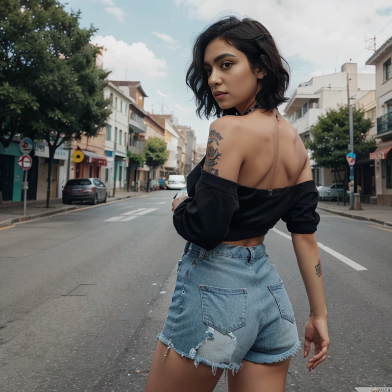 Make a girl with black hair with the back of her head painted blue with medium breasts next to her make a brown boy medium size short curly hair with an eagle tattoo on the shoulder the tattoo is a compass with the eagle in front don't forget to involve Instagram @vichxs7 de alguma forma na imagem