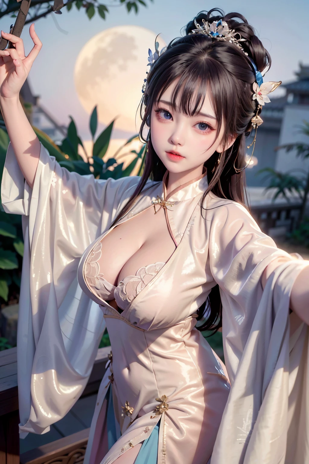 a princess ald old cute Hanfu  dynasty open V-chested clothes royal, Wet body of thin silk fabric, Thin silk lace dress, (huge boobs，cleavage),, white pink, blue ，best qualtiy，tmasterpiece，超高分辨率，（真实感：1.4），RAW photogr，（True skin texture：1.3），（filmgrain：1.3），（Selfie angle），1个Giant Breast Girl，Beautiful eye and face details，tmasterpiece，Best quality at best，exposing thighigchest，The chest  more exposed， detailed hair，above looking down facing at camera,short dressPrincess Eyes,Super big eyes,Detailed face,shiny pupils, dress pink (a garden,moon palace,)