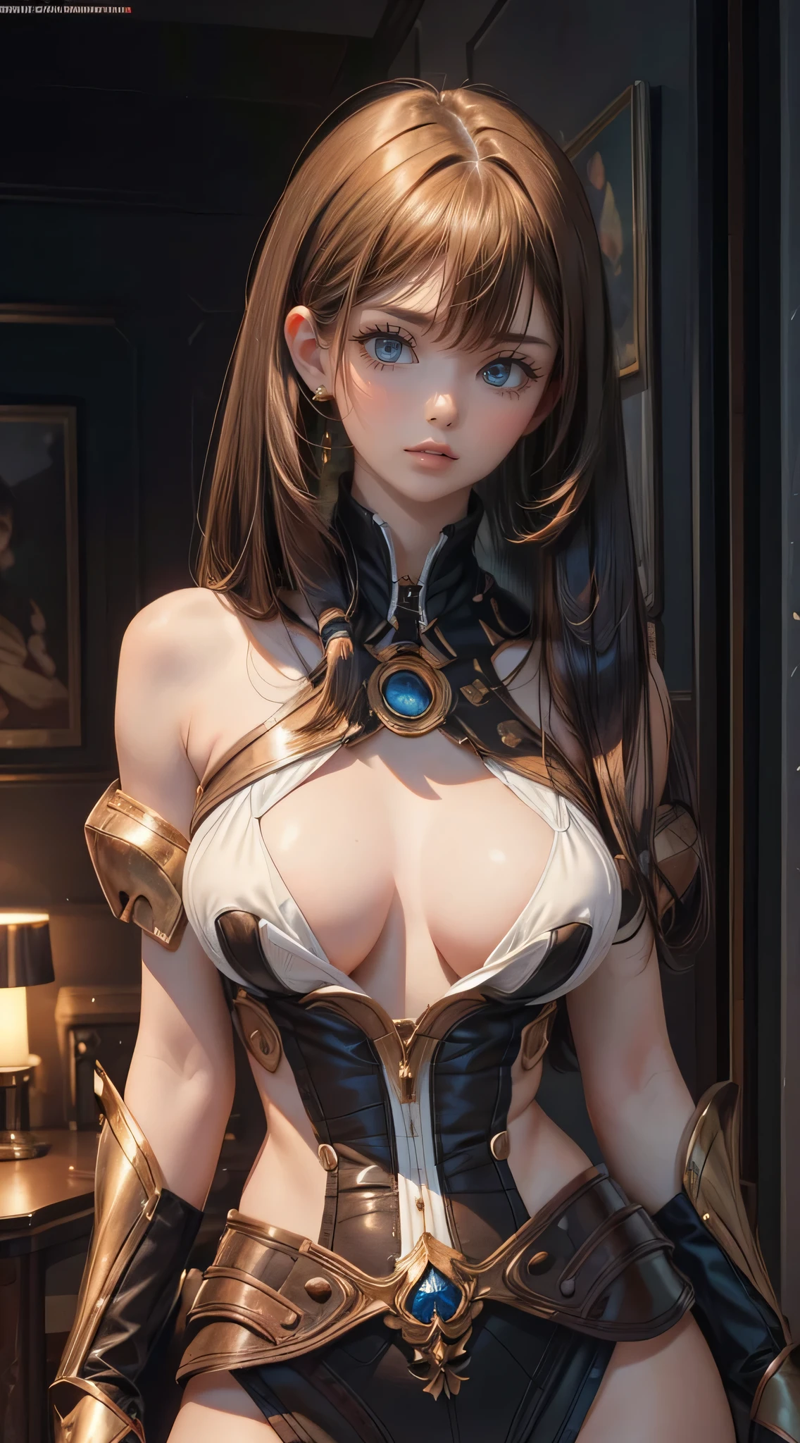 1girl in,(Ultra detailed skin),Curve,Petite,Beautiful breasts,Large breasts,pale skin,pointed breast,Erect nipples,(Fantasy Art,Highest image quality,Hyperrealist portrait,(8K),Ultra-realistic,Best Quality, High quality, High Definition, High quality texture,high detailing,Beautiful detailed,fine detailed,extremely details CG,Detailed texture,realistic representation of face,masutepiece,presence,Dynamic,Bold),Bob Hair,(super thin hair),(ultra soft hair),(ultra straight hair:1.5),Swept long bangs,Extra bright coppery amber hair,Hair over one eye