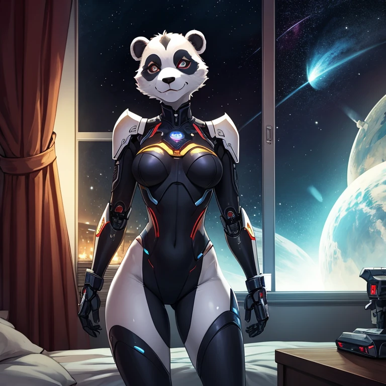 female, furry, metallic, robotic, android, robotic limbs, anthro, panda, no clothes, small breasts, thin body, curved thighs, standing in bedroom , hands behind back, winking, legs spread, in front of window, science fiction, stars, galaxy, star ships, at night, dim light, high quality, masterpiece,