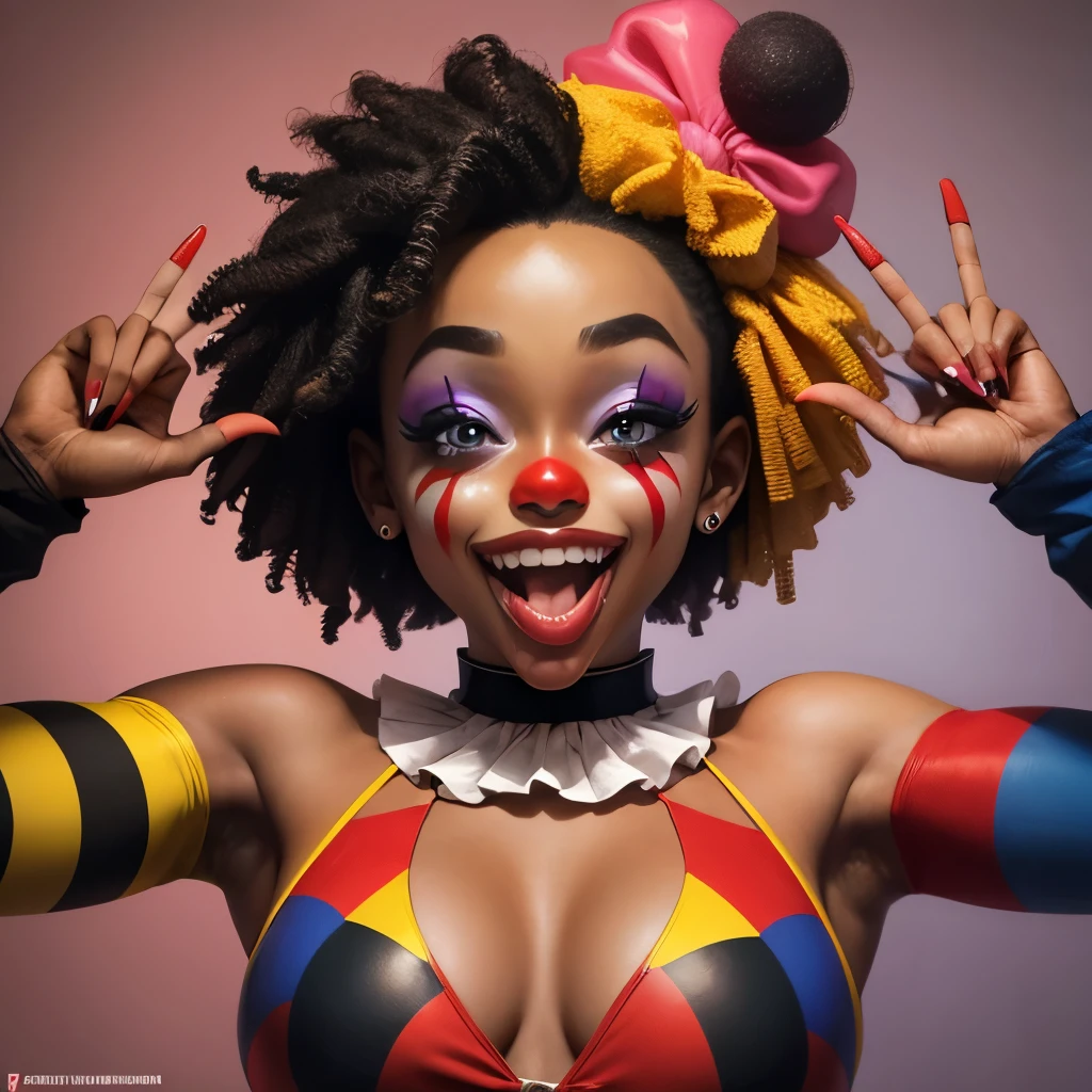 (Ebony), clown, (cross eyed), laughing with tongue out, sexy