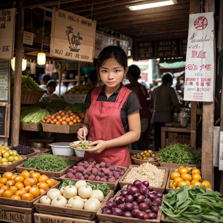 cinematic pictures of a gorgeous vegetables woman at her stall in a traditional market place in Indonesia, insanely detailed and intricate, professional portrait photography