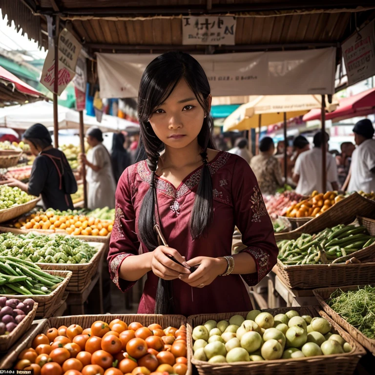 cinematic pictures of a gorgeous vegetables woman at her stall in a traditional market place in Indonesia, insanely detailed and intricate, professional portrait photography